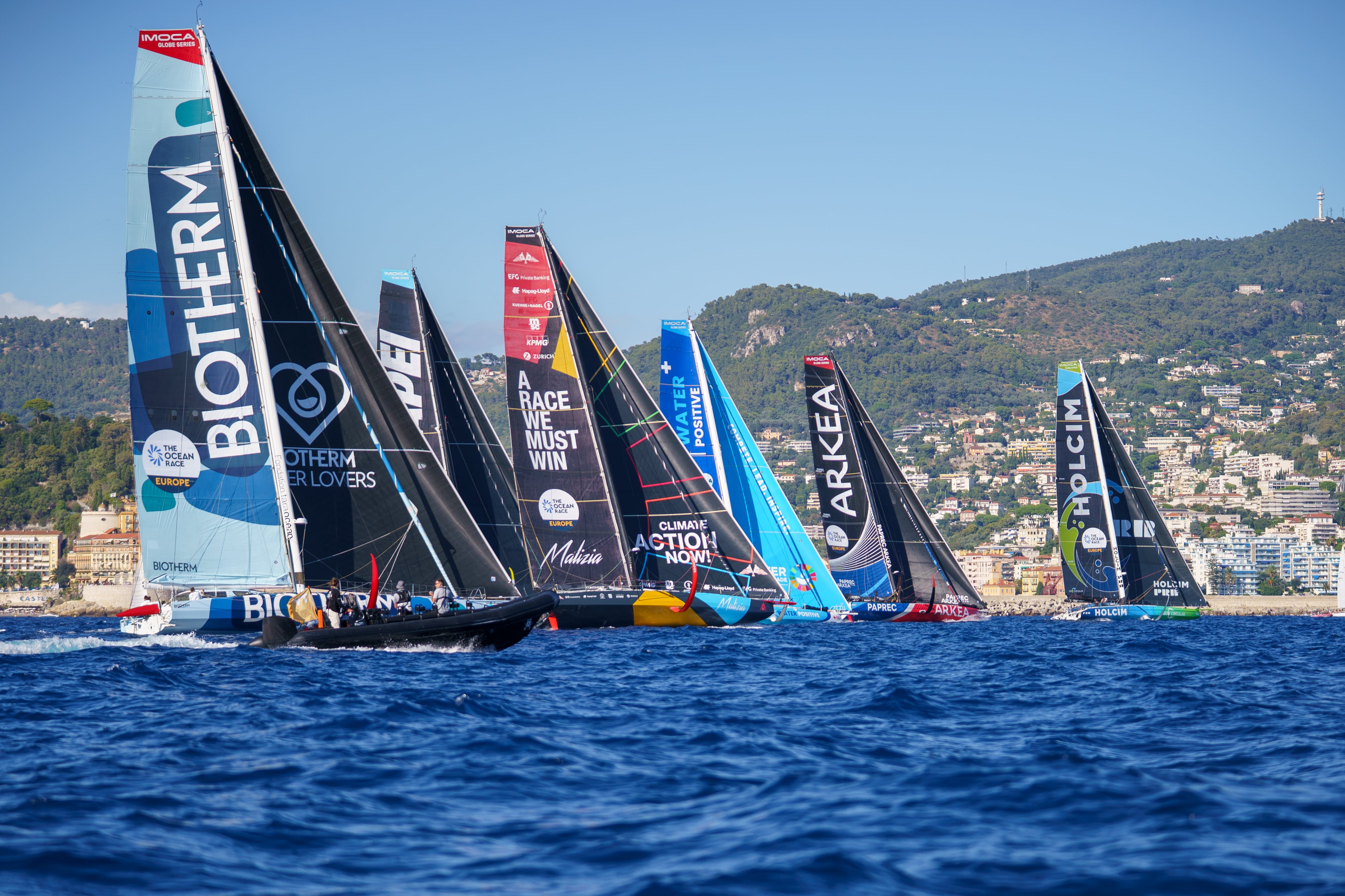 The IMOCA fleet at the start of Leg 4 in Nice, France