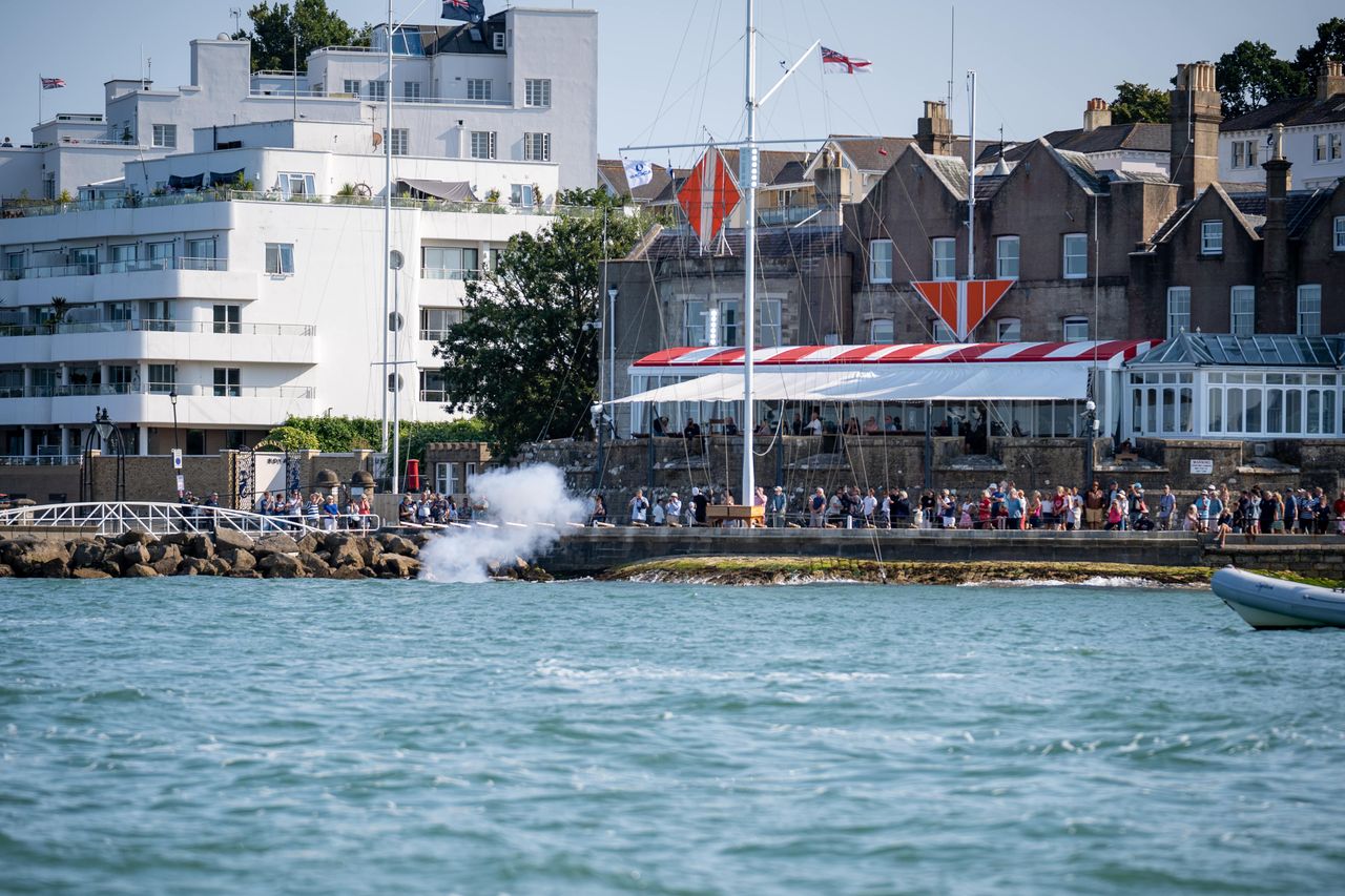 The start guns going off on the Royal Yacht Squadron line in Cowes