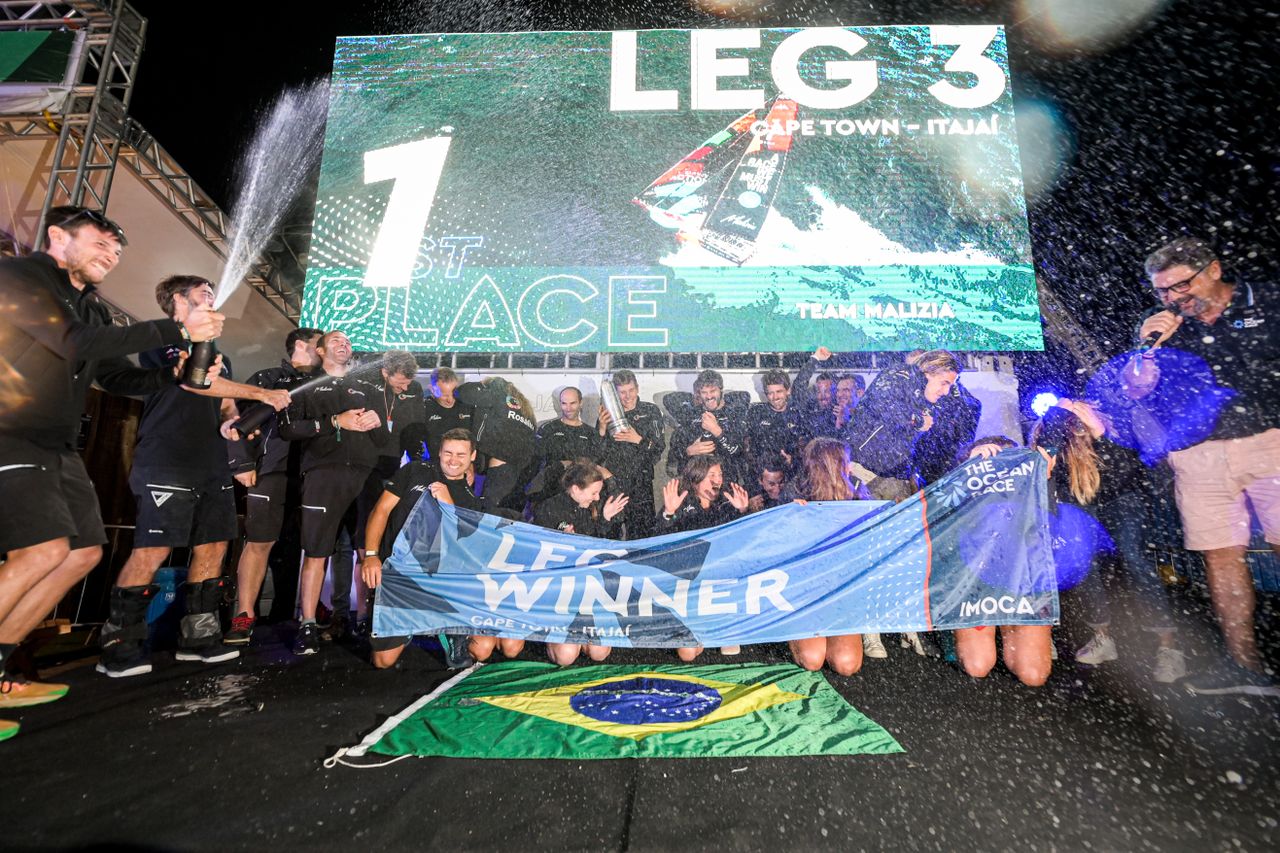 Team Malizia celebrating their Southern Ocean Leg win in The Ocean Race