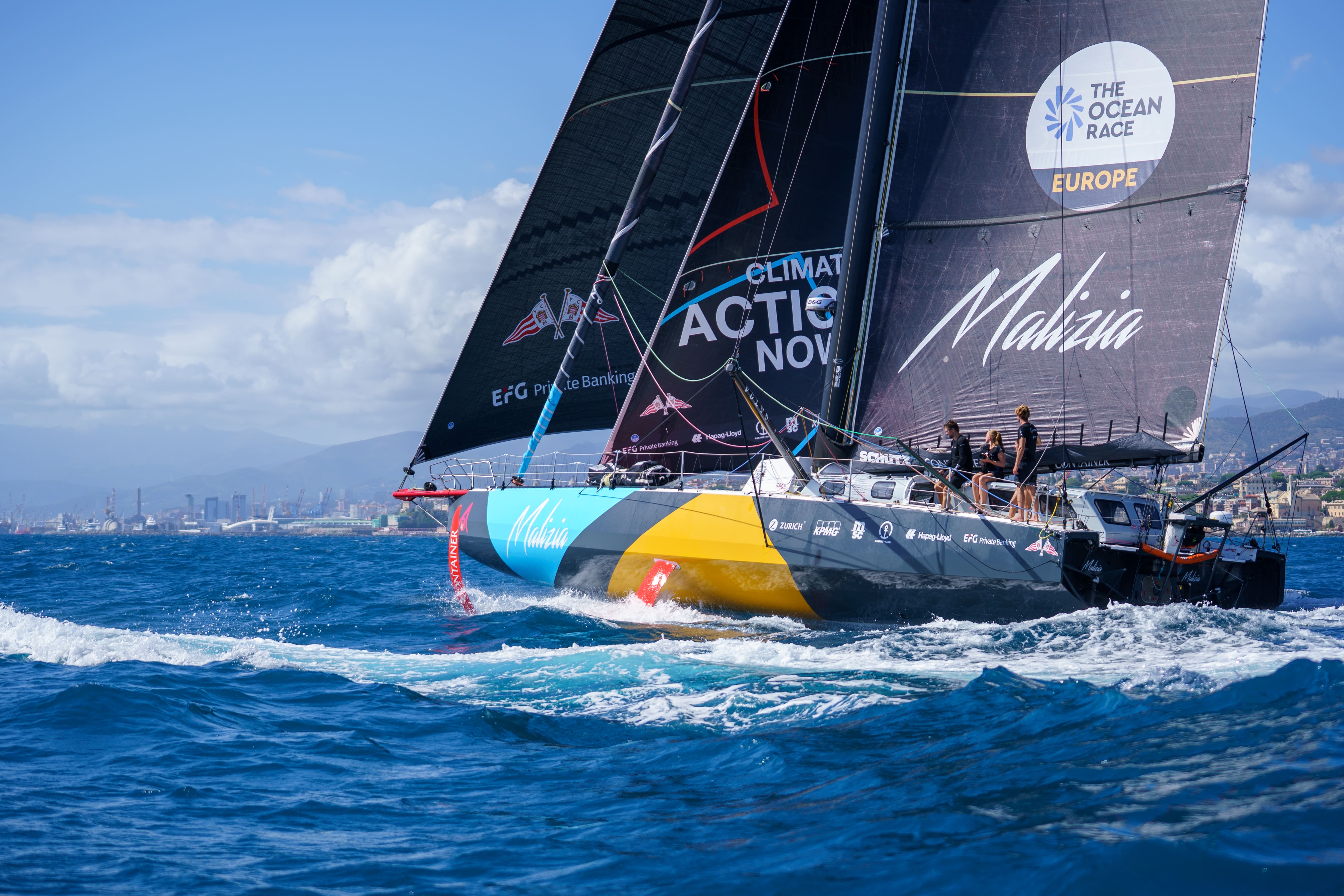 Team Malizia at the arrival of Leg 4 of The Ocean Race Europe 2025 in Genova