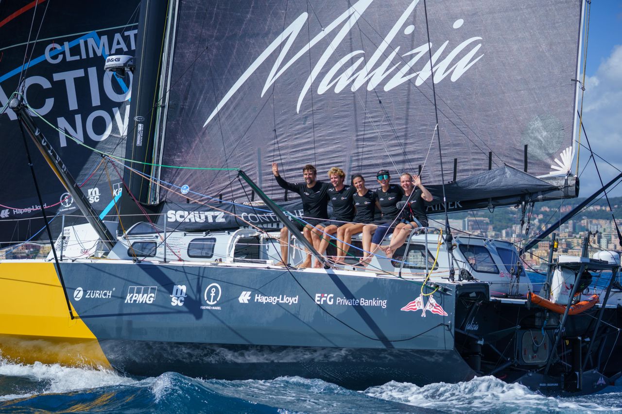 The Team Malizia crew shortly after the Leg 4 finish line in Genova during The Ocean Race Europe 2025