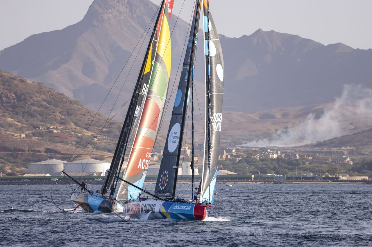Fighting with 11th Hour Racing Team during the inshore section at the start of Leg 2 in Mindelo, Cabo Verde.