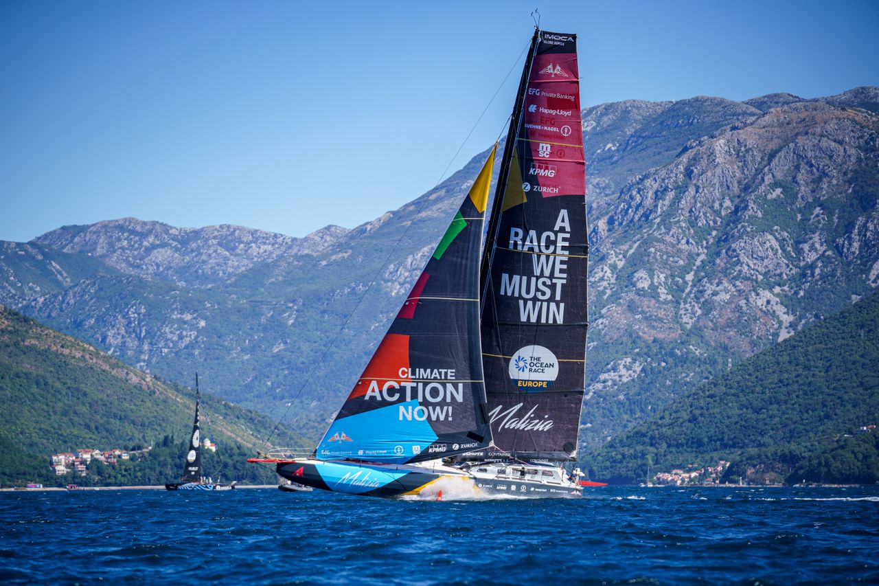 Malizia - Seaexplorer in Boka Bay, Montenegro, during the Pro-Am speed runs of The Ocean Race Europe 2025