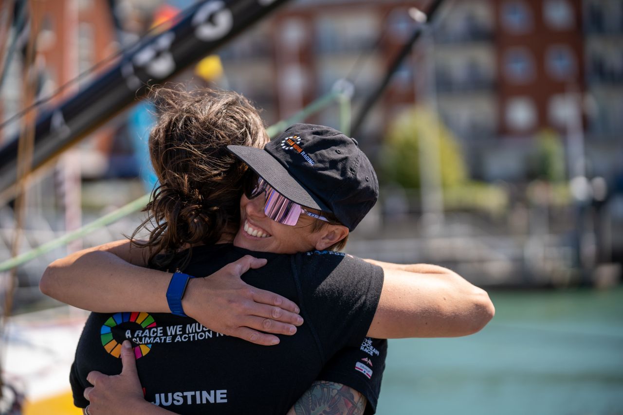 Francesca Clapcich, who will be onboard Malizia - Seaexplorer in the upcoming Leg 2, congratulating Justine Mettraux