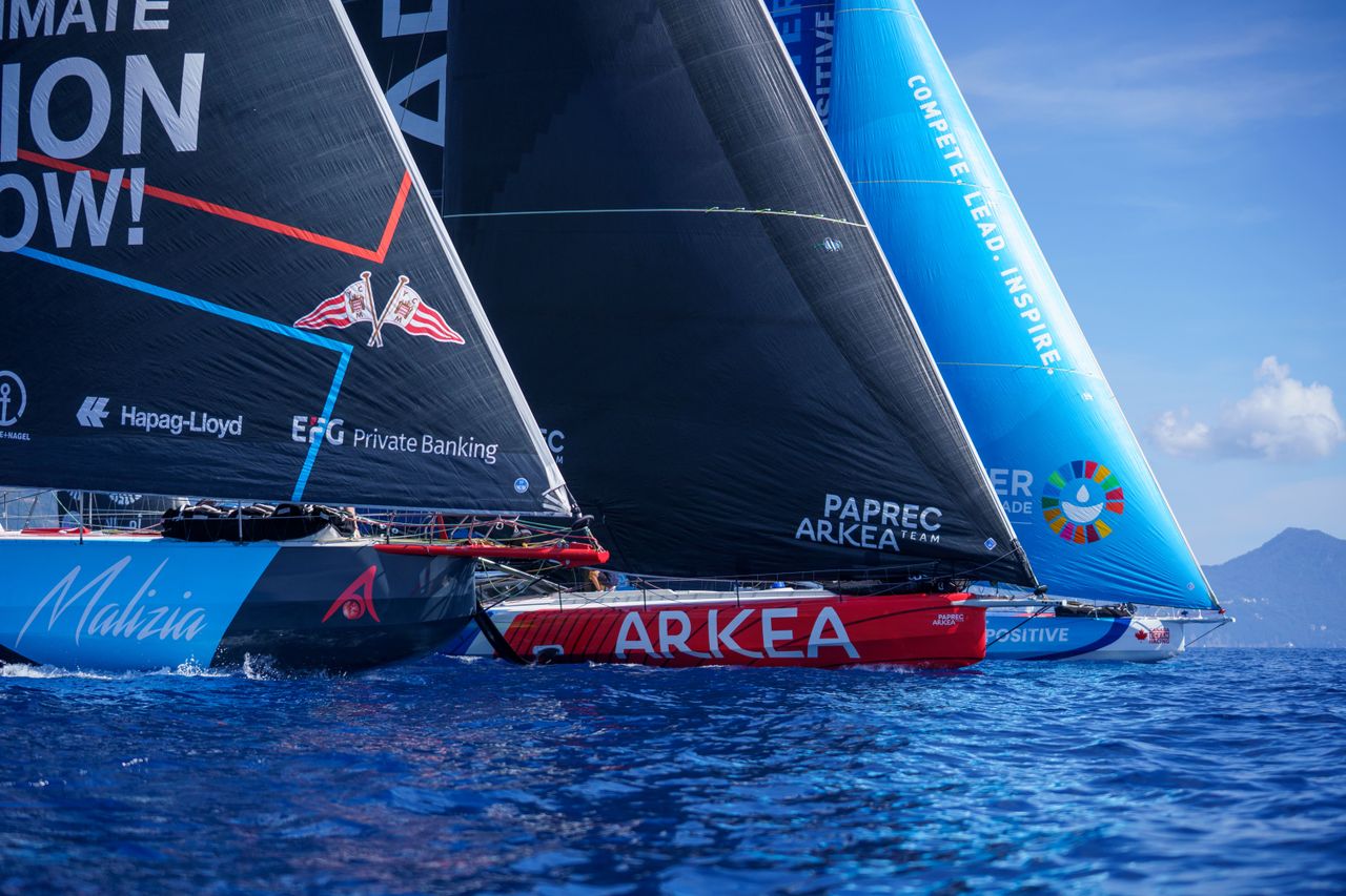 The fleet taking the start in sunny and extremely light wind conditions in Genova