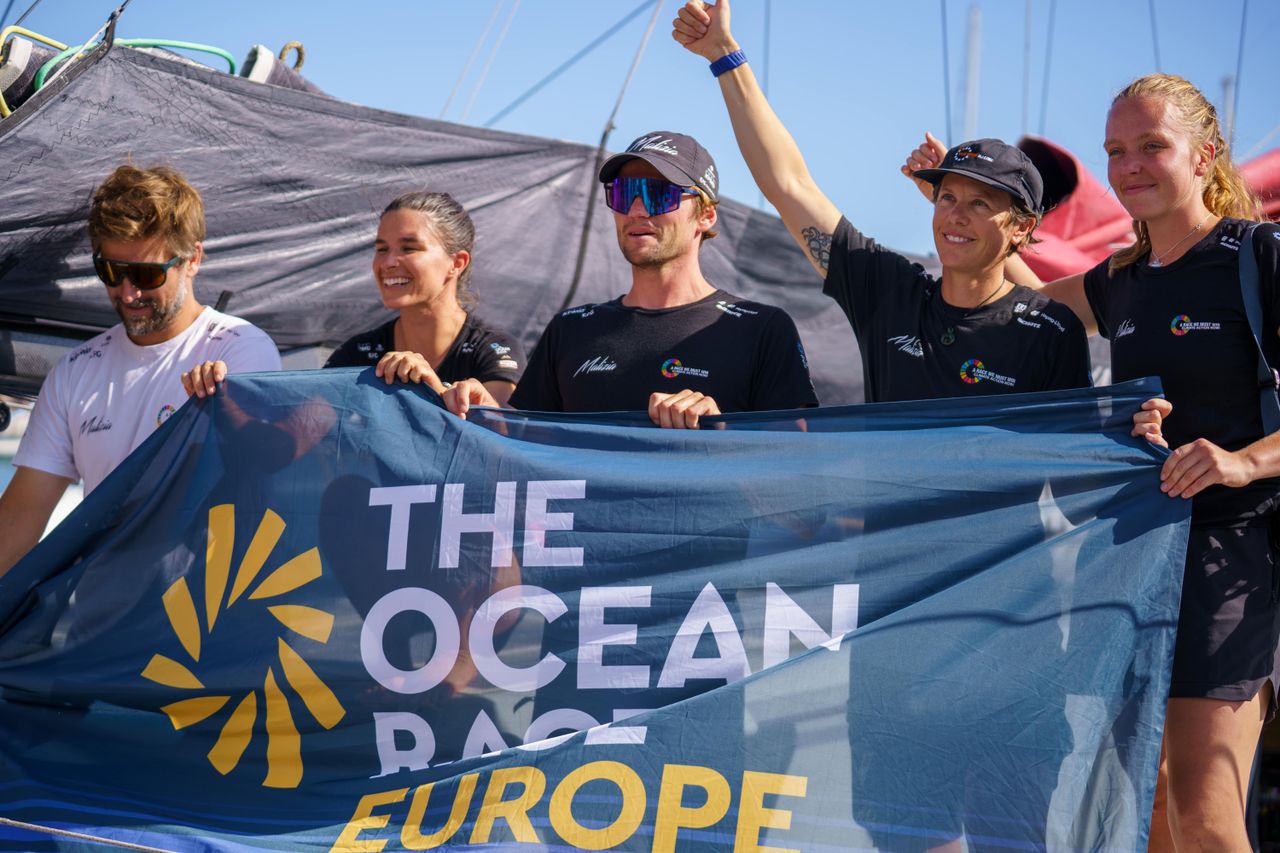 From left to right: Boris Herrmann, Cole Brauer, Loïs Berrehar, Francesca Clapcich, and Flore Hartout