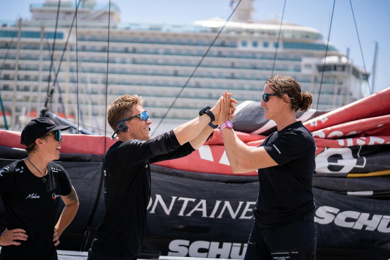 Team Malizia's Francesca Clapcich, Will Harris and Justine Mettraux at the Leg 2 arrival in Cartagena, Spain