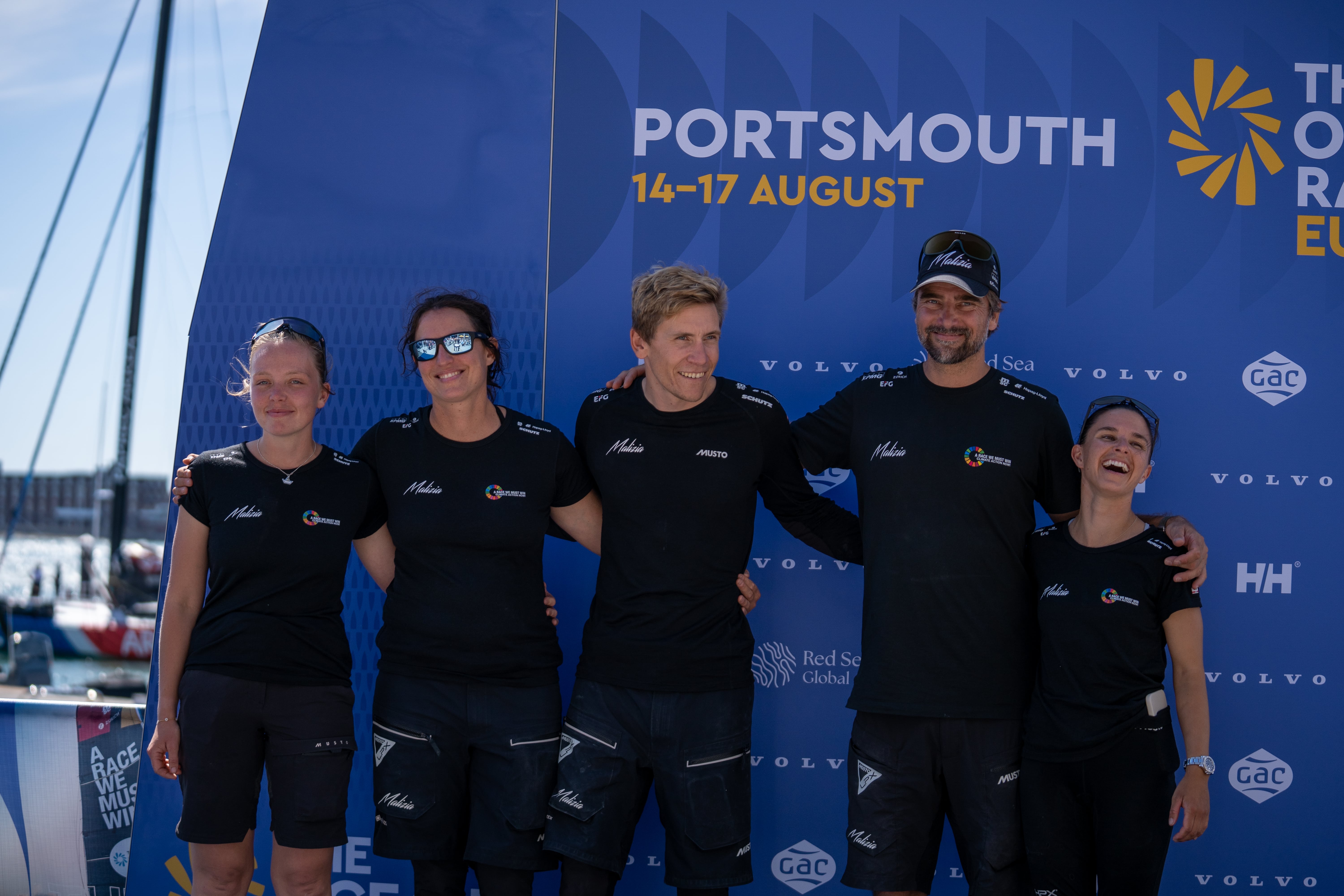 The Malizia crew from left to right: Flore Hartout (OBR), Justine Mettraux, Will Harris, Boris Herrmann and Cole Brauer