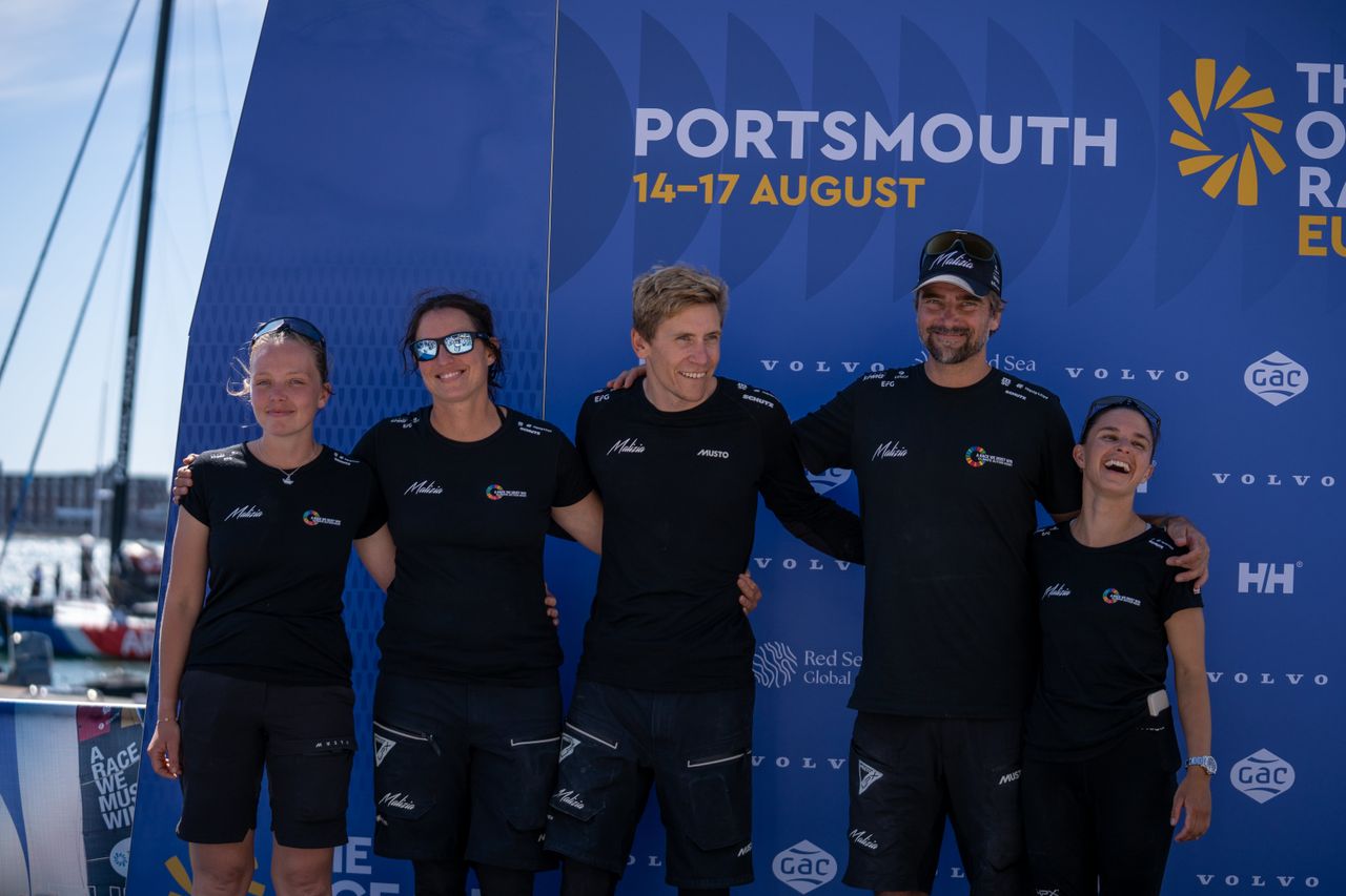 The Malizia crew from left to right: Flore Hartout (OBR), Justine Mettraux, Will Harris, Boris Herrmann and Cole Brauer