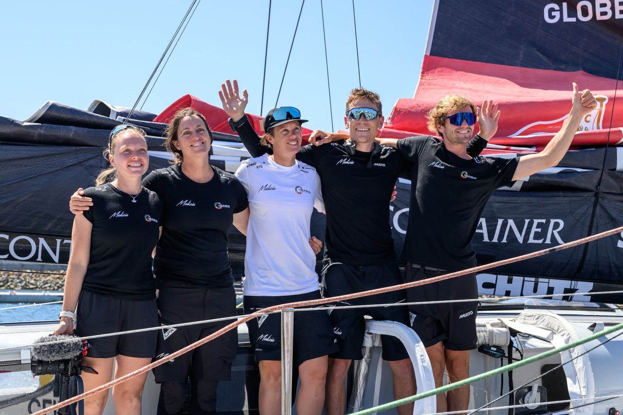Team Malizia's Leg 2 crew in Matosinhos/Porto, from left to right: Flore Hartout (onboard reporter), Justine Mettraux, Francesca Clapcich, Will Harris, and Loïs Berrehar
