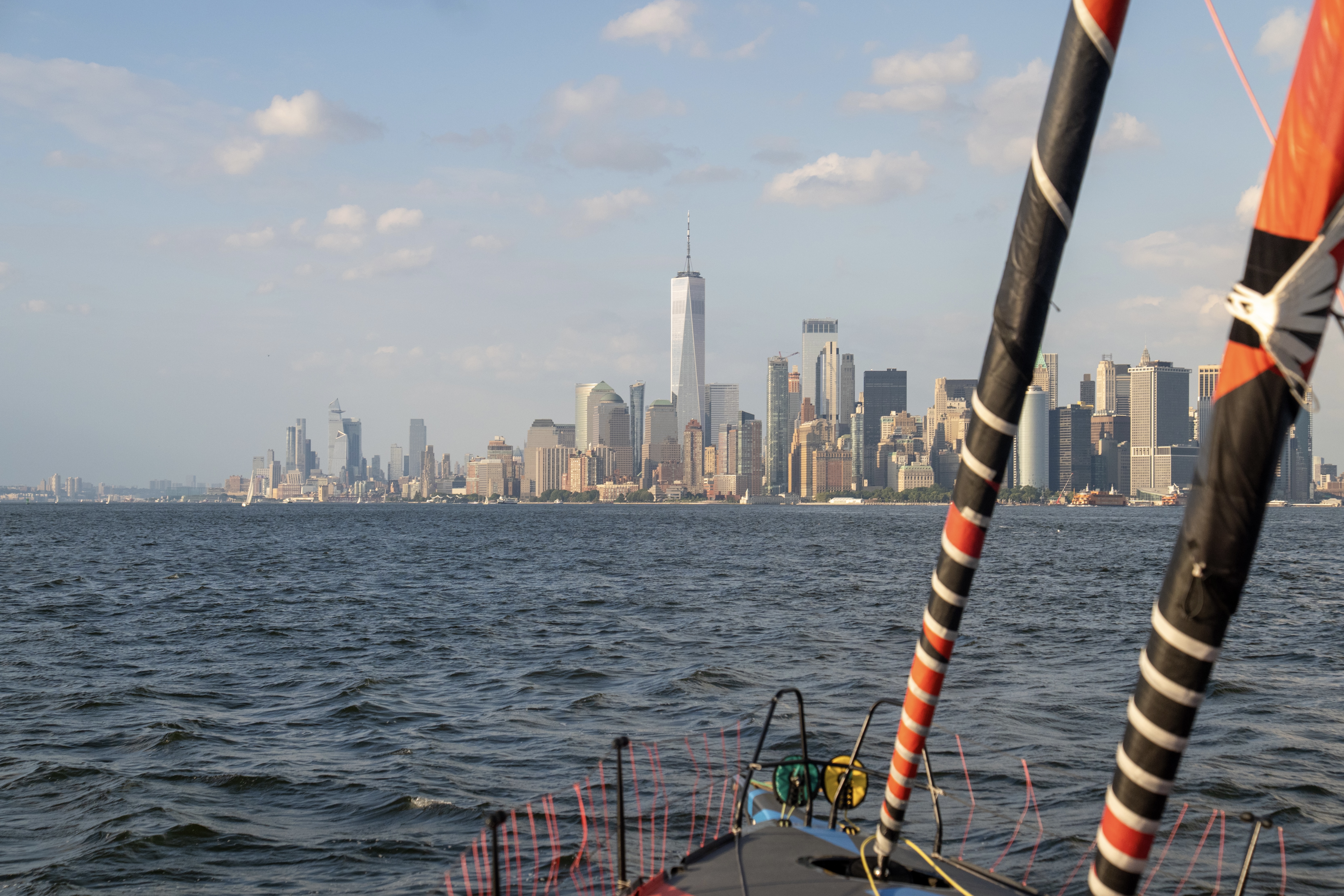 Manhattan skyline seen from onboard Malizia 4 as she arrived in New York for The Ocean Race Atlantic