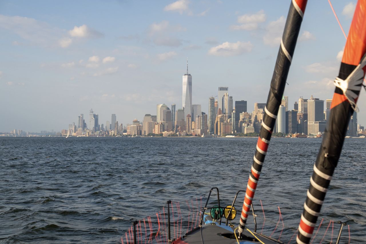 Manhattan skyline seen from onboard Malizia 4 as she arrived in New York for The Ocean Race Atlantic