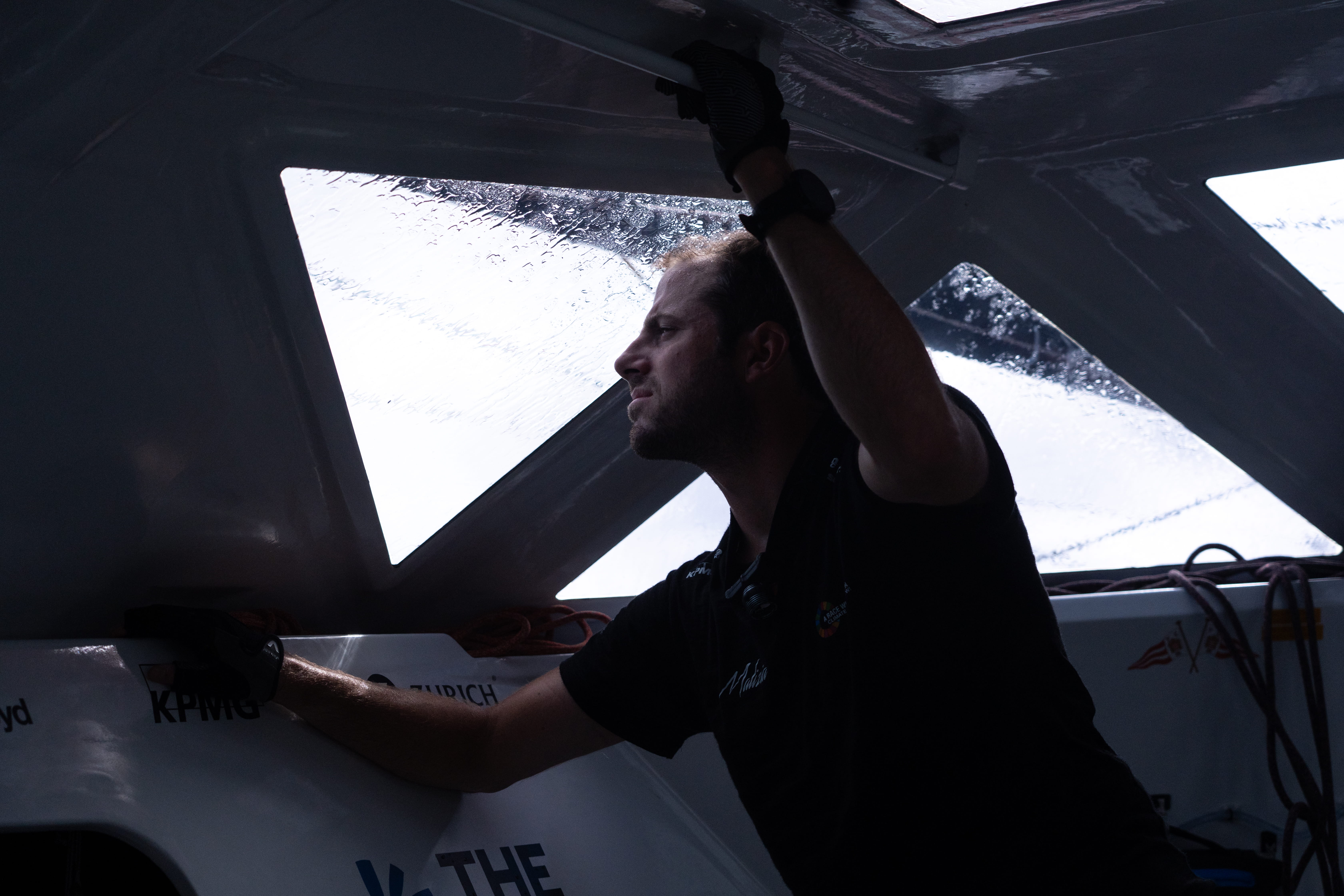 Team Malizia's co-skipper Julien Villion shortly after the start of The Ocean Race Atlantic