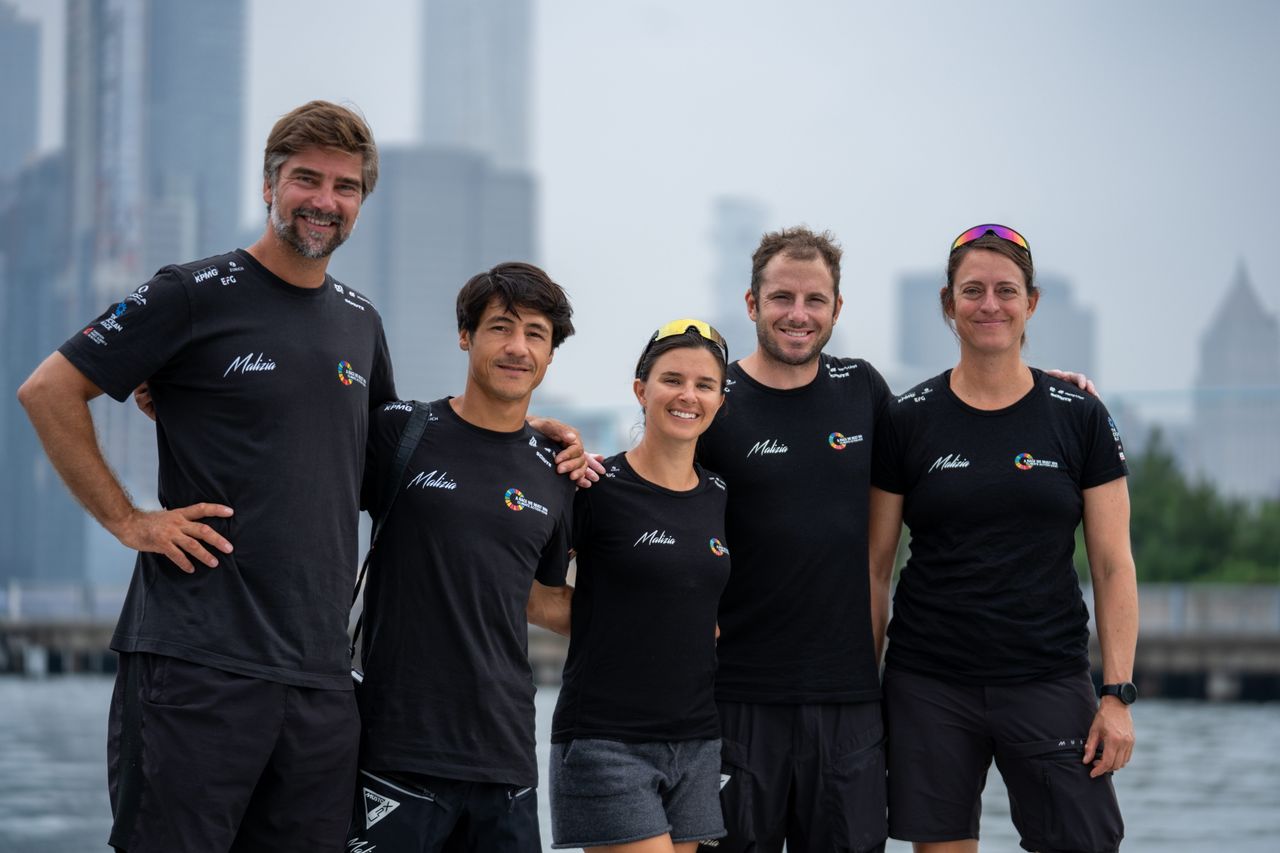 Team Malizia's crew for The Ocean Race Atlantic, from left to right: Boris Herrmann, Gauthier Lebec, Cole Brauer, Julien Villion and Justine Mettraux
