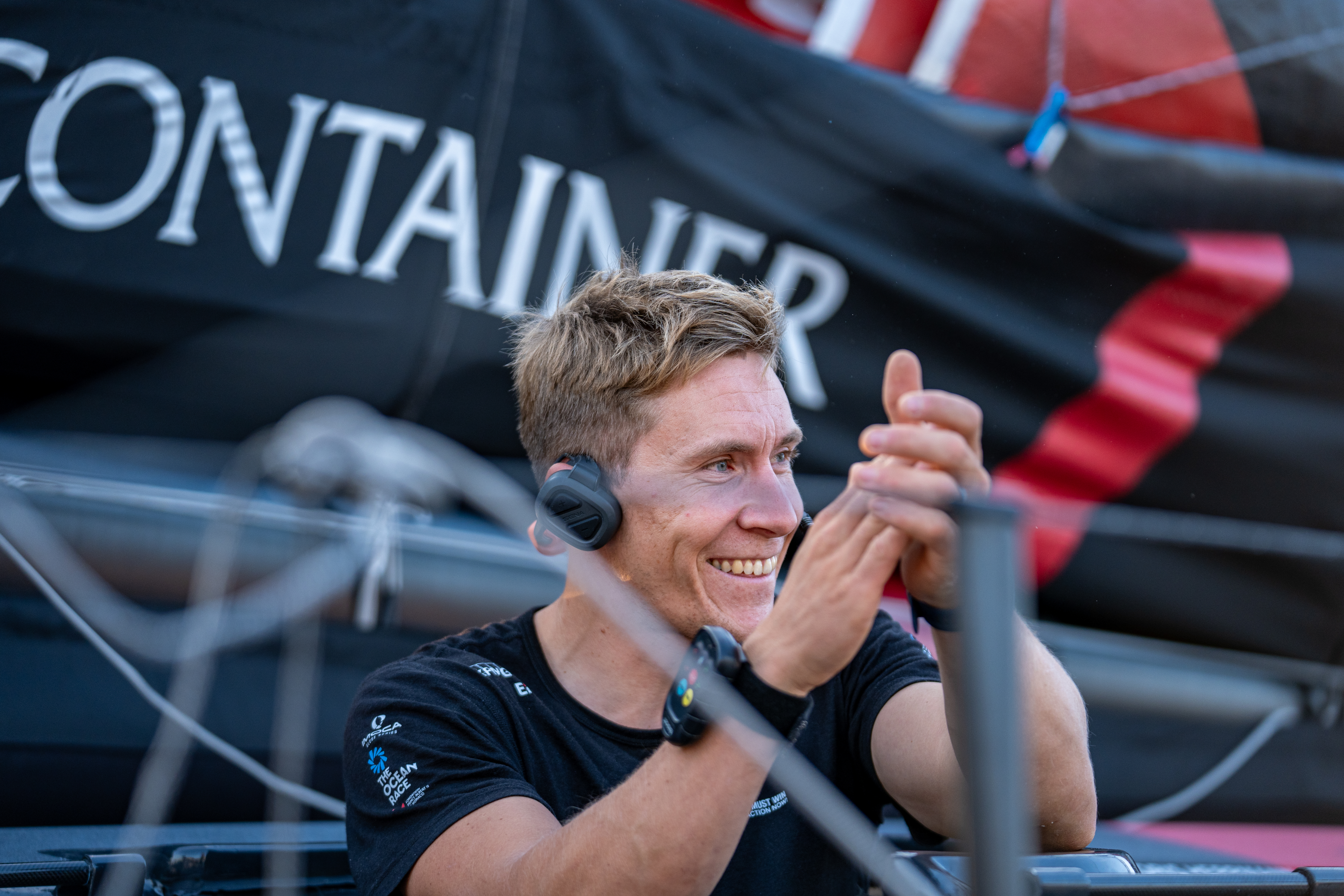 Will Harris celebrating the arrival in New York