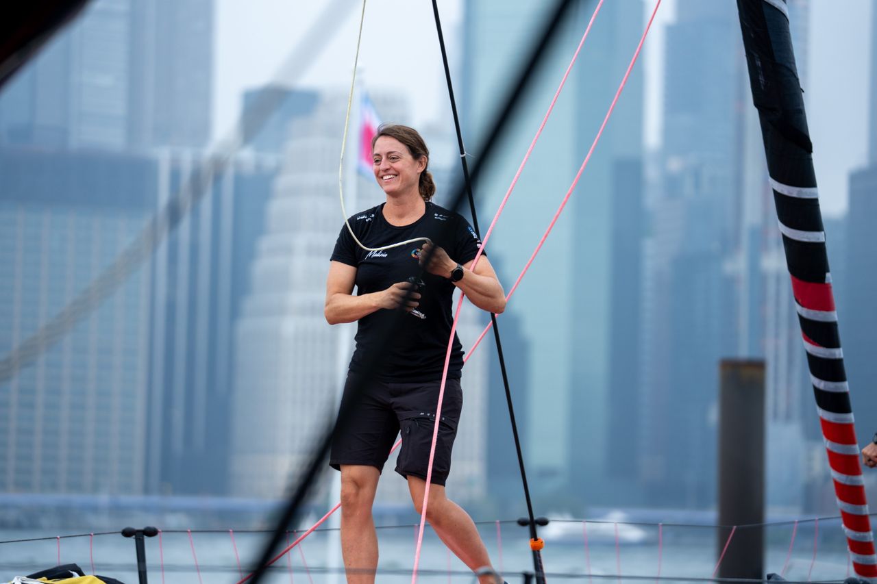 Co-skipper Justine Mettraux onboard Malizia 4 and in front of the Manhattan skyline