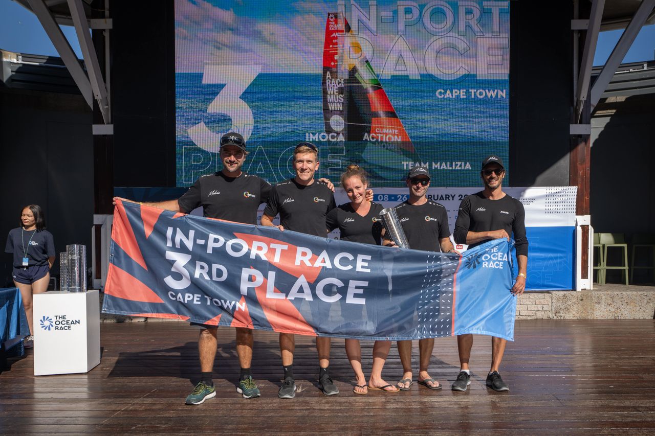 Team Malizia's sailing crew for the Cape Town In-Port Race: Boris Herrmann, Will Harris, Axelle Pillain, Nico Lunven and Antoine Auriol