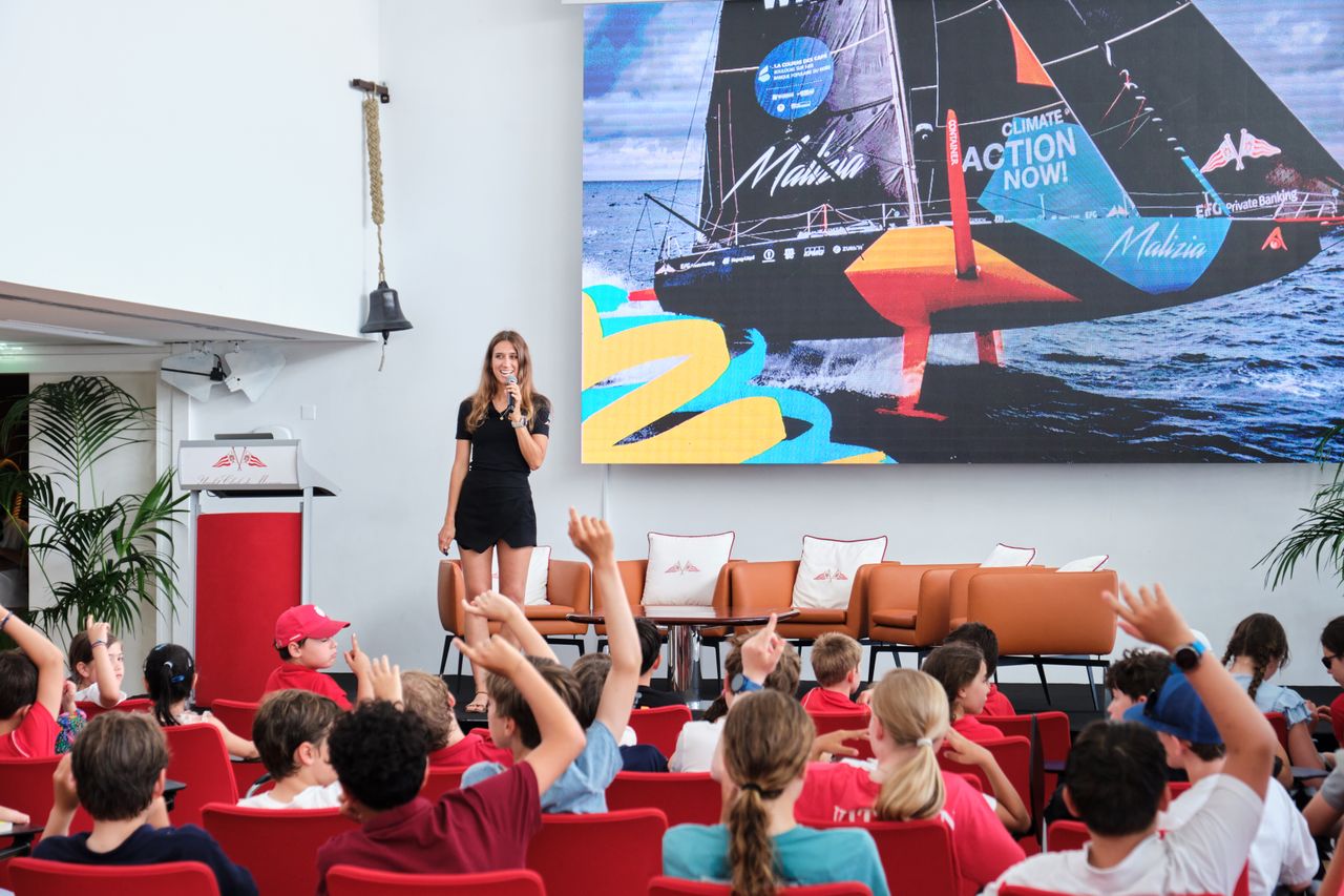 Children from the YCM sailing school ready to ask their many questions to Helene Katz (photo) and Flore Hartout during the My Ocean Challenge event in Monaco
