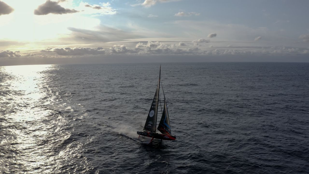 Malizia 4 flying across the Atlantic Ocean
