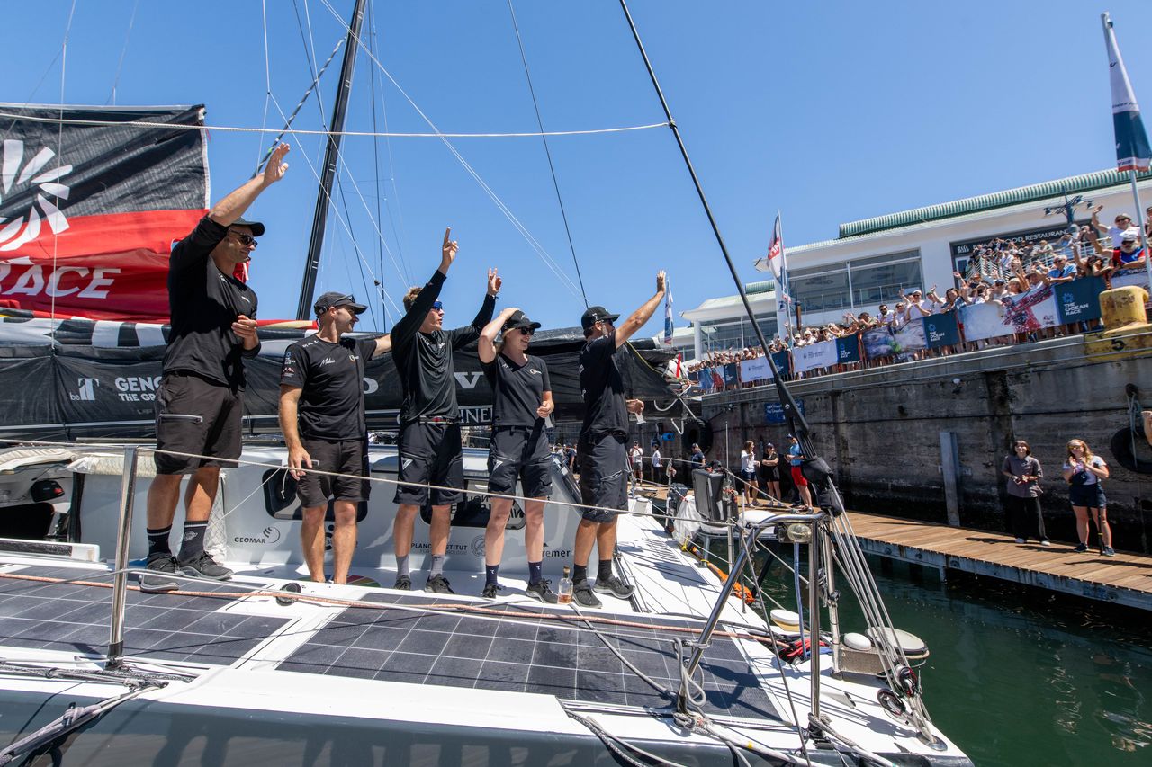 Emotional goodbyes on Cape Town's dock before Leg 3, from left to right: Antoine Auriol, Nico Lunven, Will Harris, Rosalin Kuiper, and Boris Herrmann