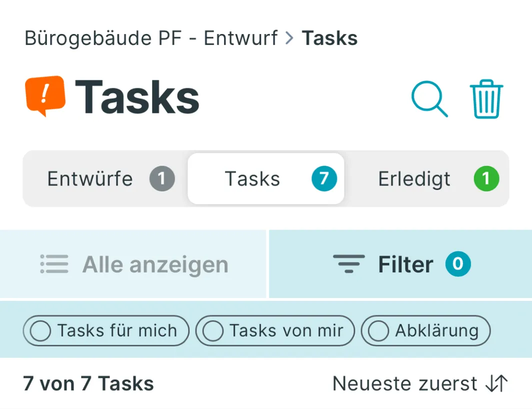 PLANFRED Screenshot – Tasks Status, Filter & Shortcuts