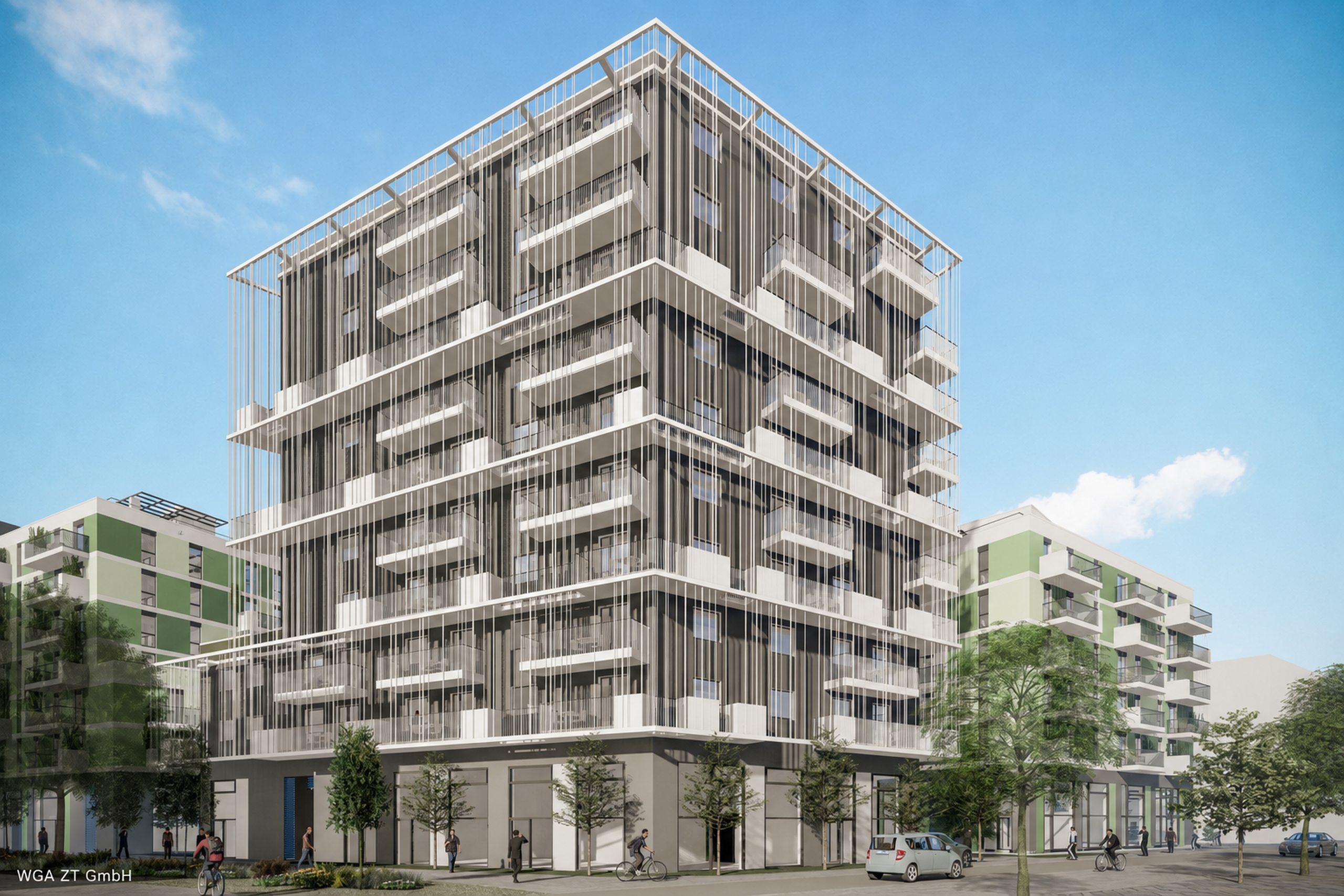 Visualisierung des Wohnbauprojekts An der Schanze 25 in Wien-Donaustadt. Mehrgeschossiger Wohnbau mit 210 Wohnungen, geplant von der WGA ZT GmbH und digital begleitet mit PLANFRED.