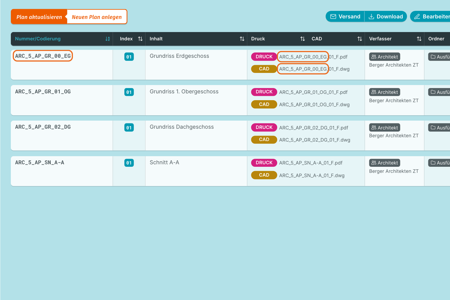 PLANFRED-Screenshot – Mehrere Pläne automatisch aktualisieren (Planliste)