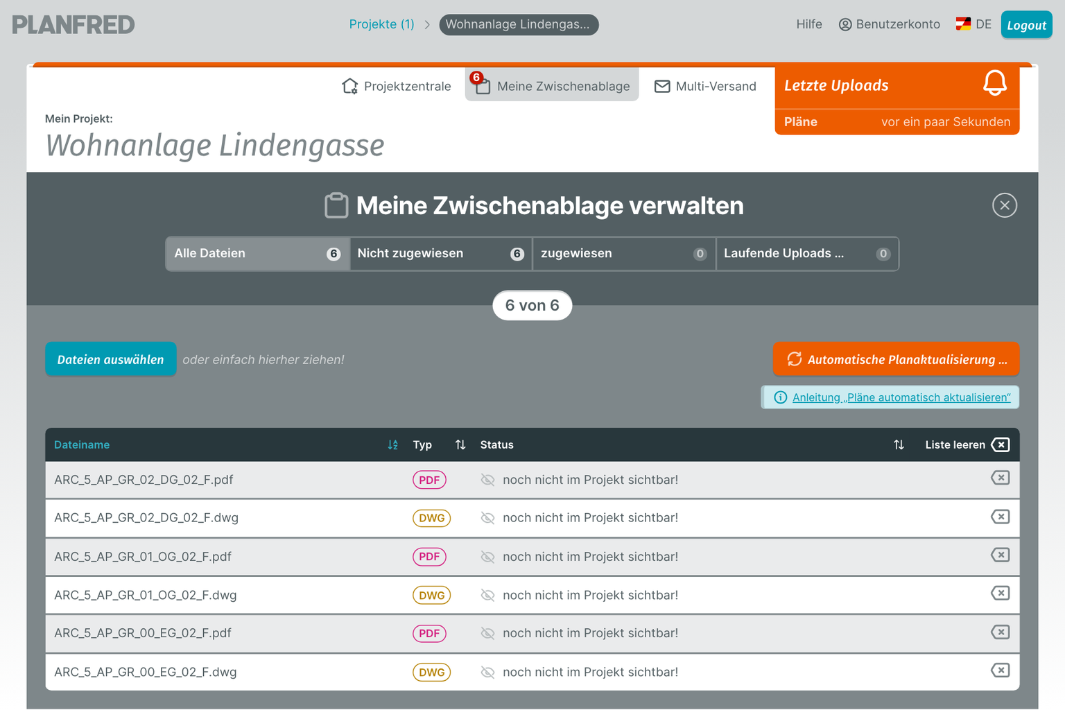 PLANFRED-Screenshot – Mehrere Pläne automatisch aktualisieren (Zwischenablage)