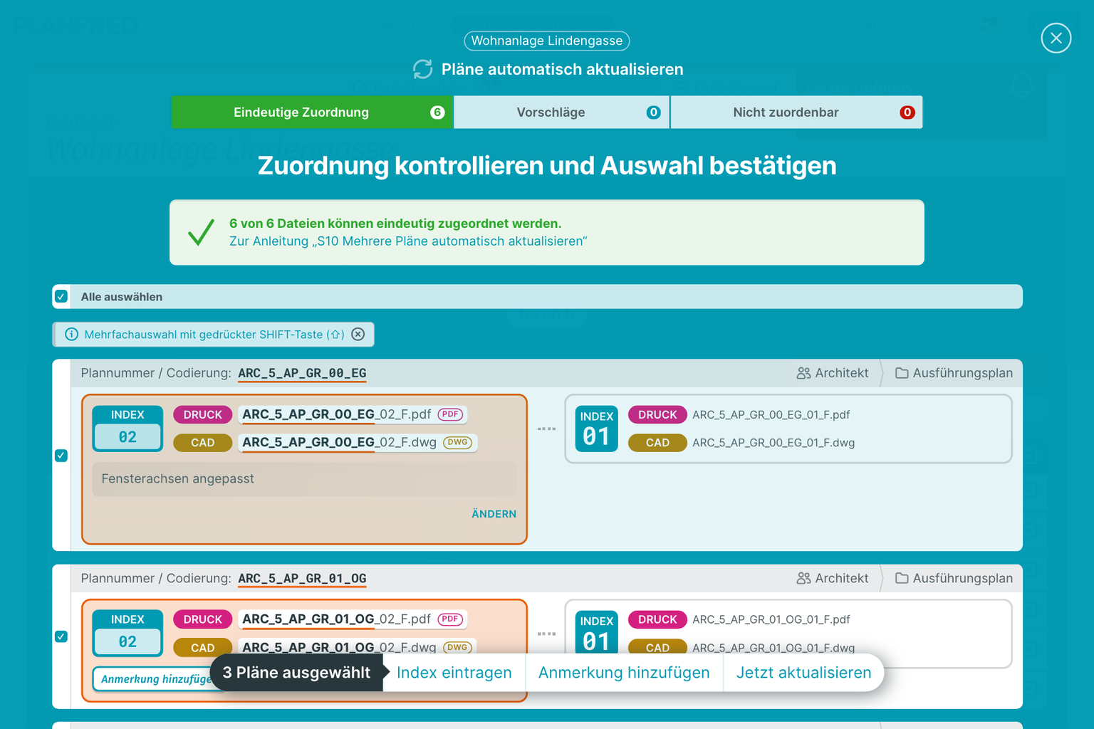 PLANFRED-Screenshot – Mehrere Pläne automatisch aktualisieren (Zuordnung)