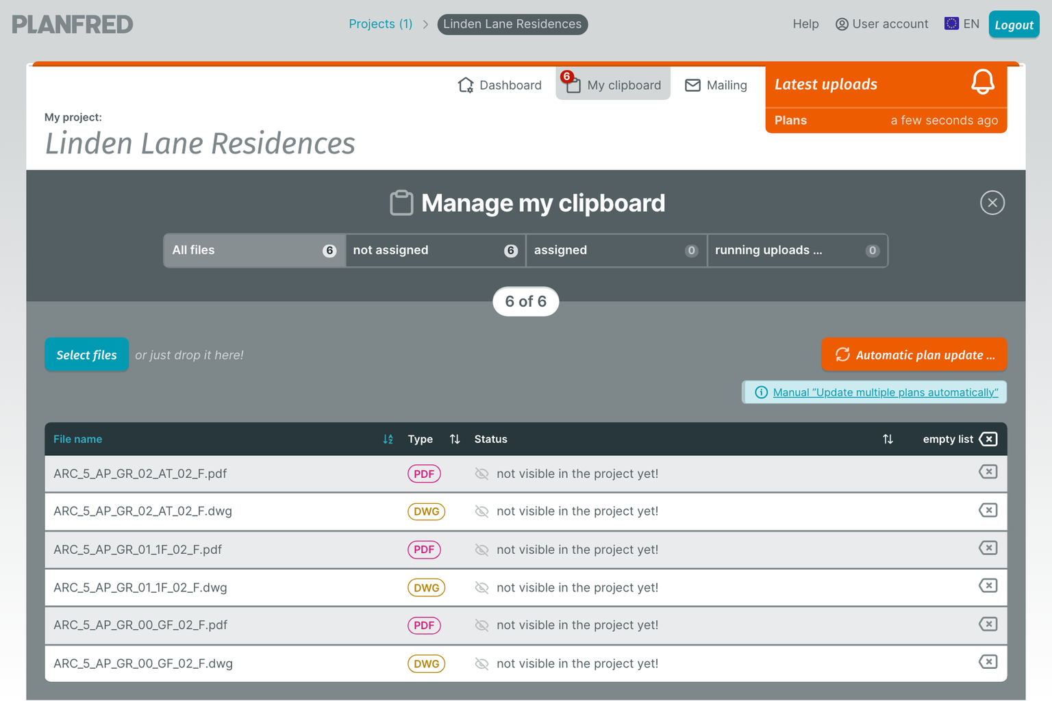 PLANFRED screenshot – Update multiple Plans (Clipboard)