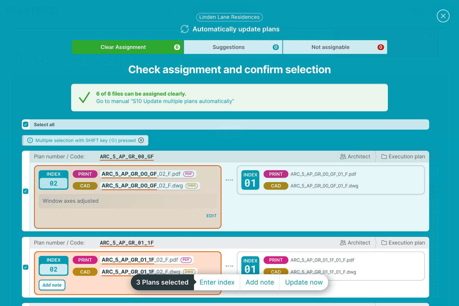 PLANFRED screenshot – Update multiple Plans (Checkk assignment)