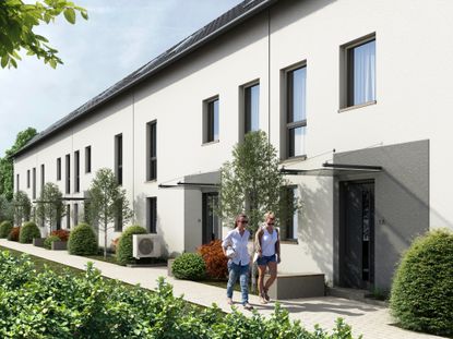 Neubau von fünf Reihenhäusern in Wiesbaden-Erbenheim in KfW-40-Bauweise, energieeffizientes Wohnprojekt mit moderner Architektur und Begrünung