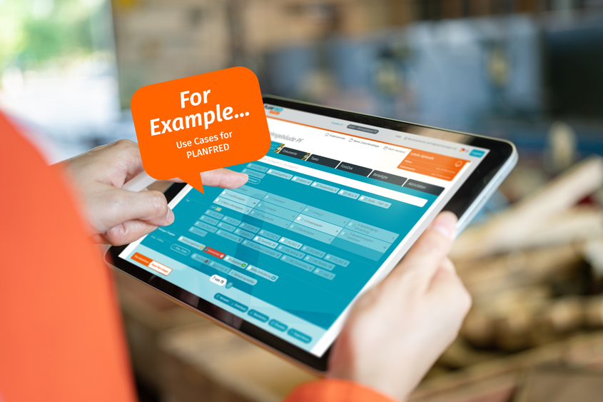 Hands holding a tablet showing the PLANFRED document list, speech bubble “For Example… Use Cases for PLANFRED”