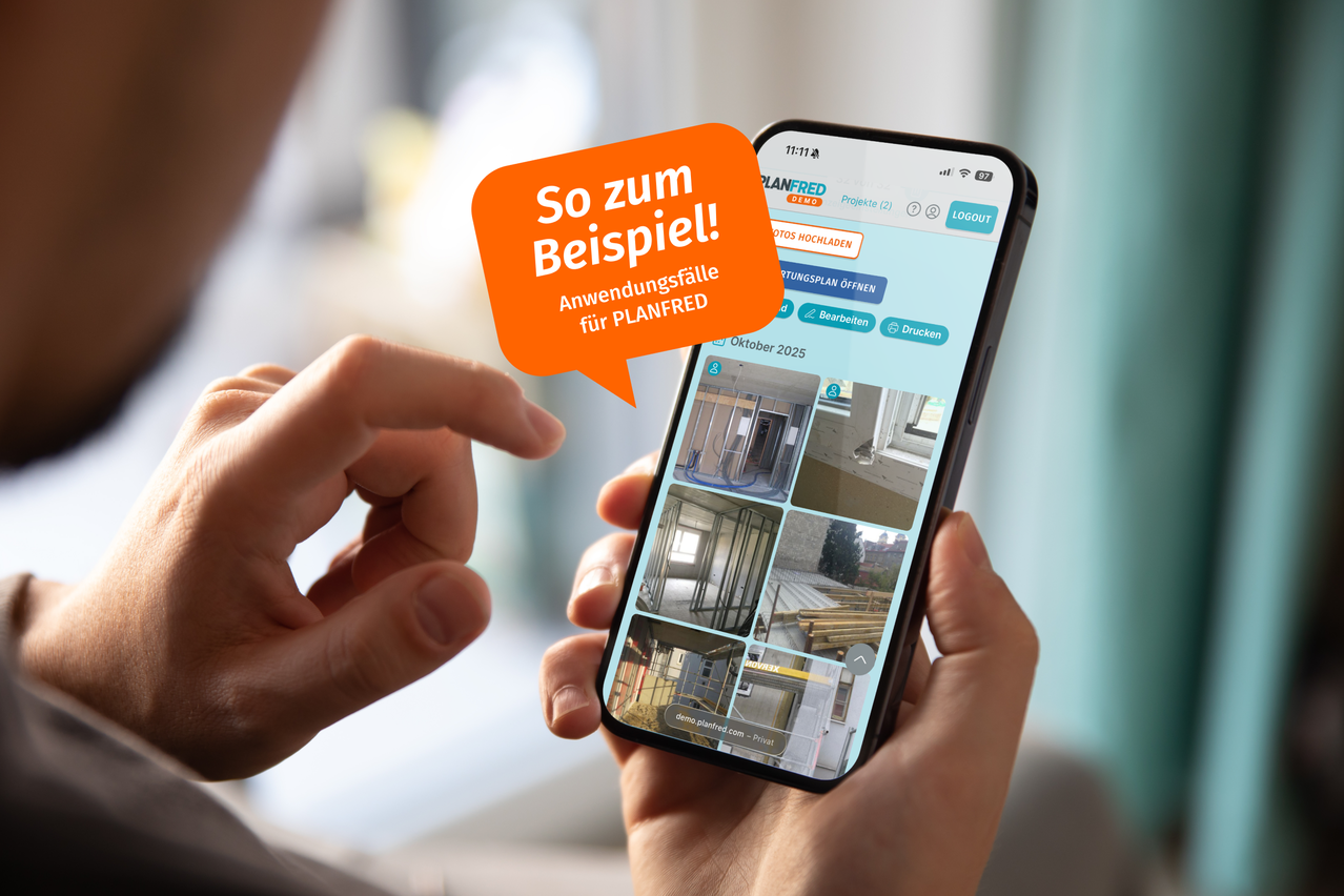 Digitale Baustellendokumentation mit PLANFRED FotoDok auf dem Smartphone direkt von der Baustelle aus.