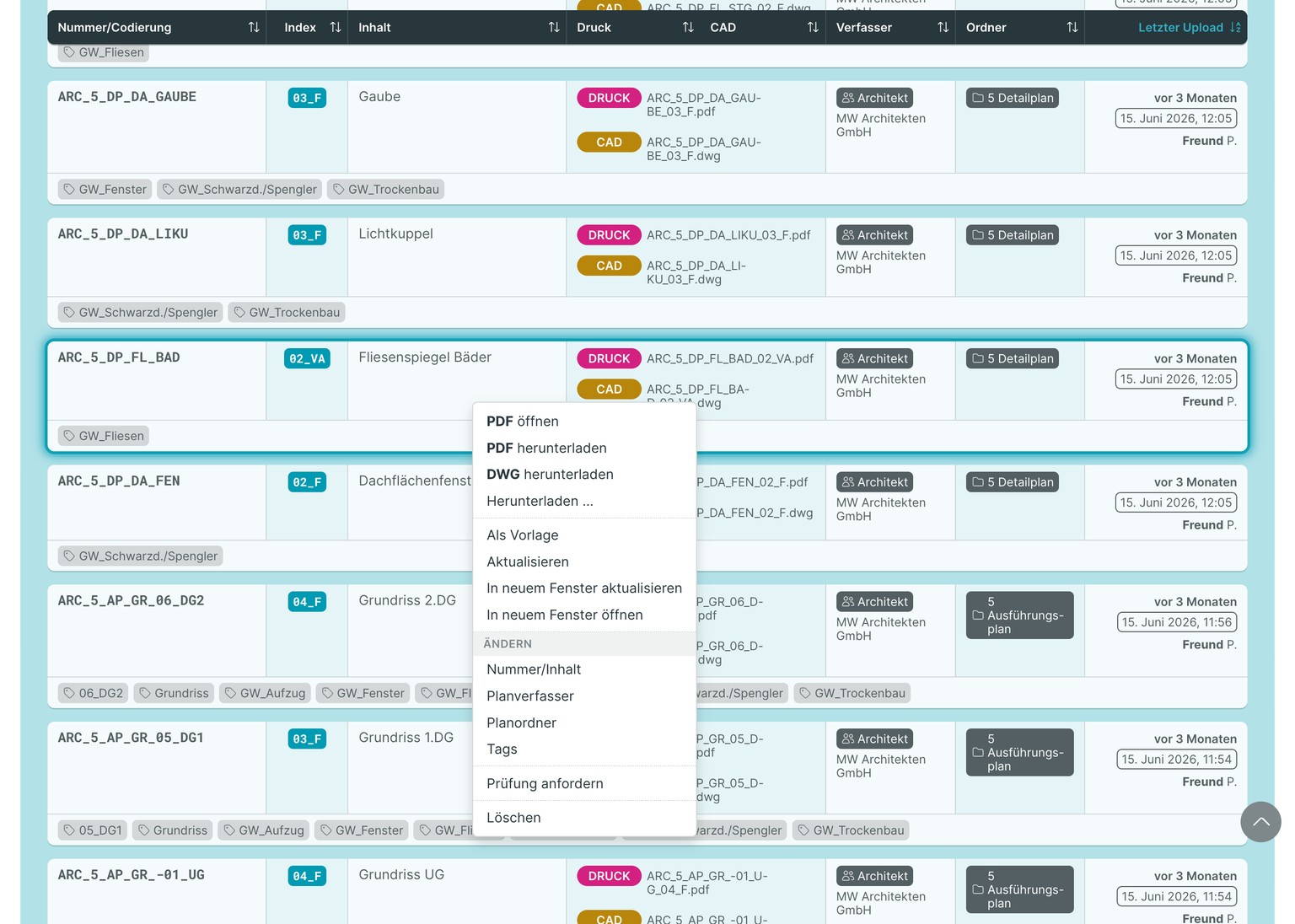 PLANFRED-Screenshot – Rechts-Klick-Menü