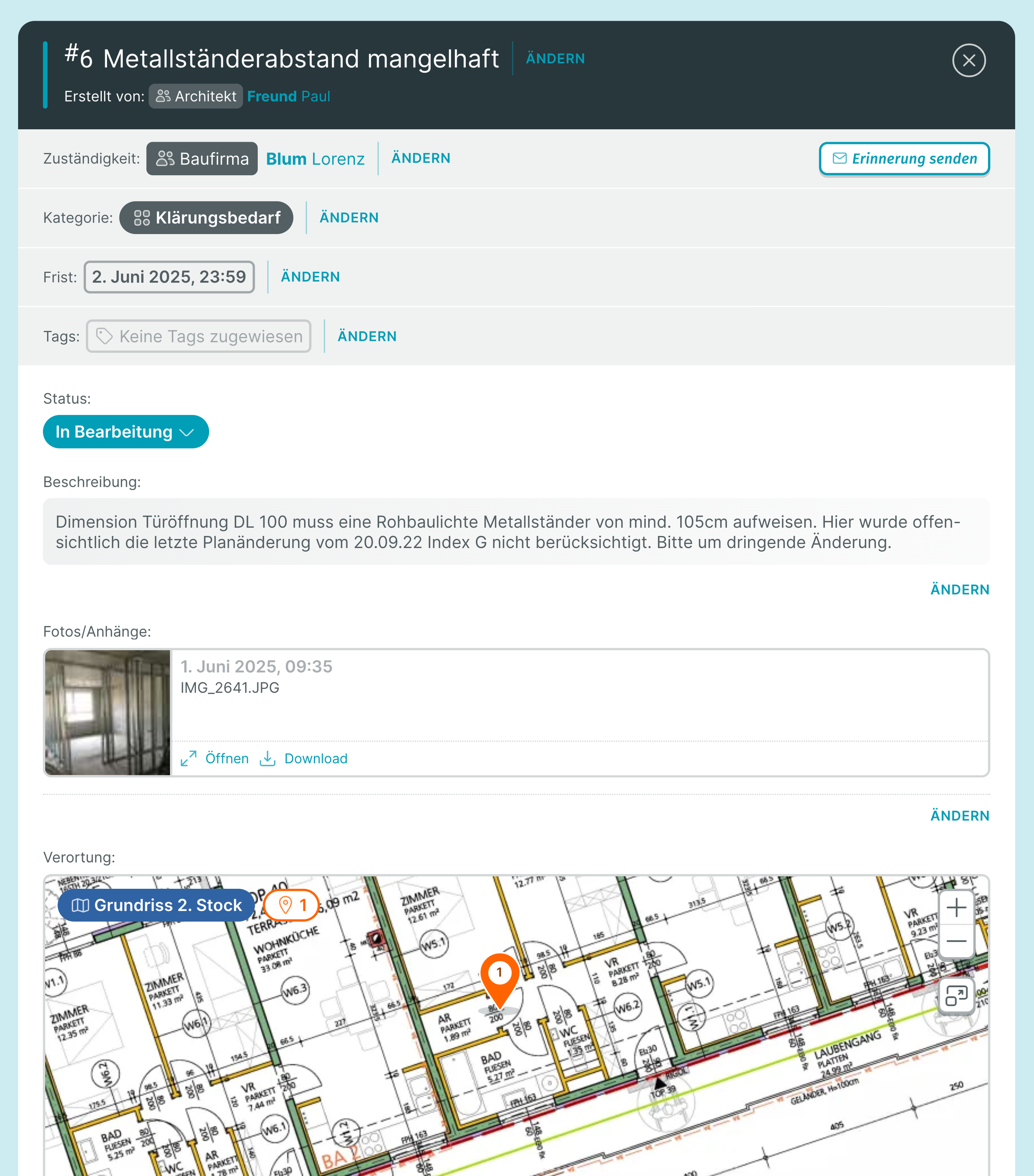 PLANFRED-Webapp – Task-Detail „Klärungsbedarf“