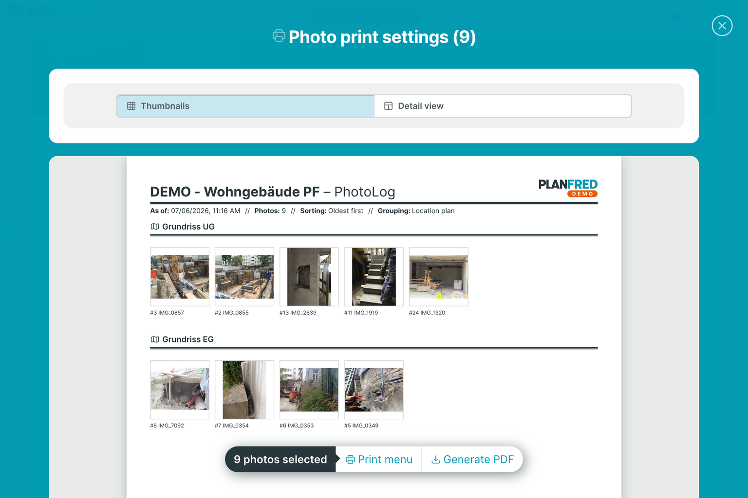 PLANFRED screenshot – Print preview (PhotoLog)