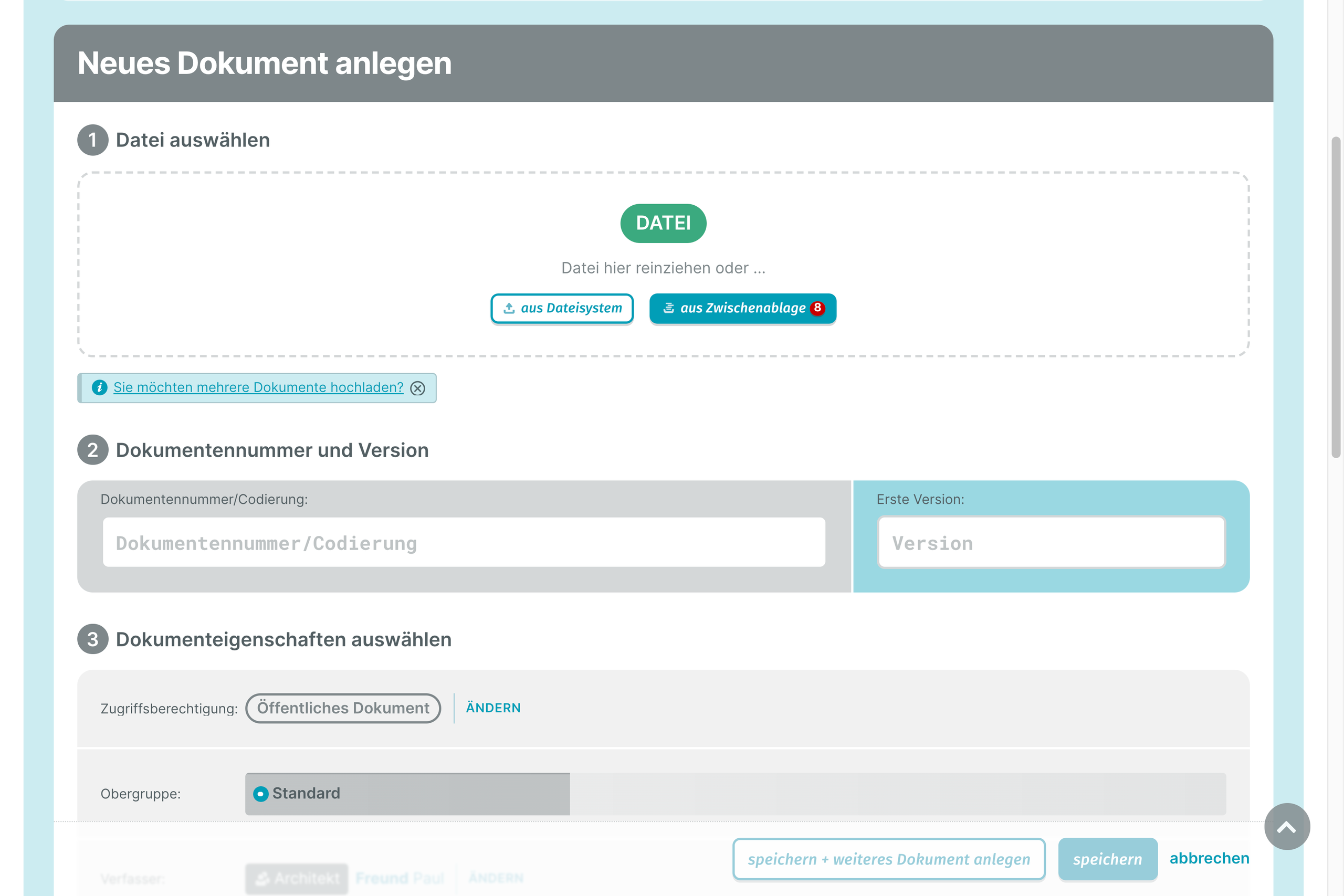 PLANFRED Screenshot – Neues Dokument erstellen
