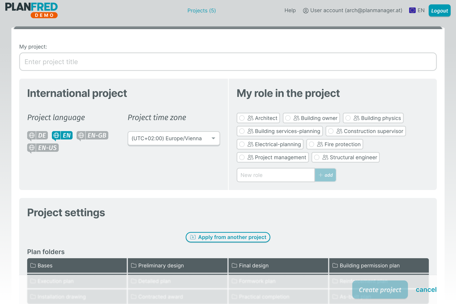 PLANFRED screenshot – Apply project settings
