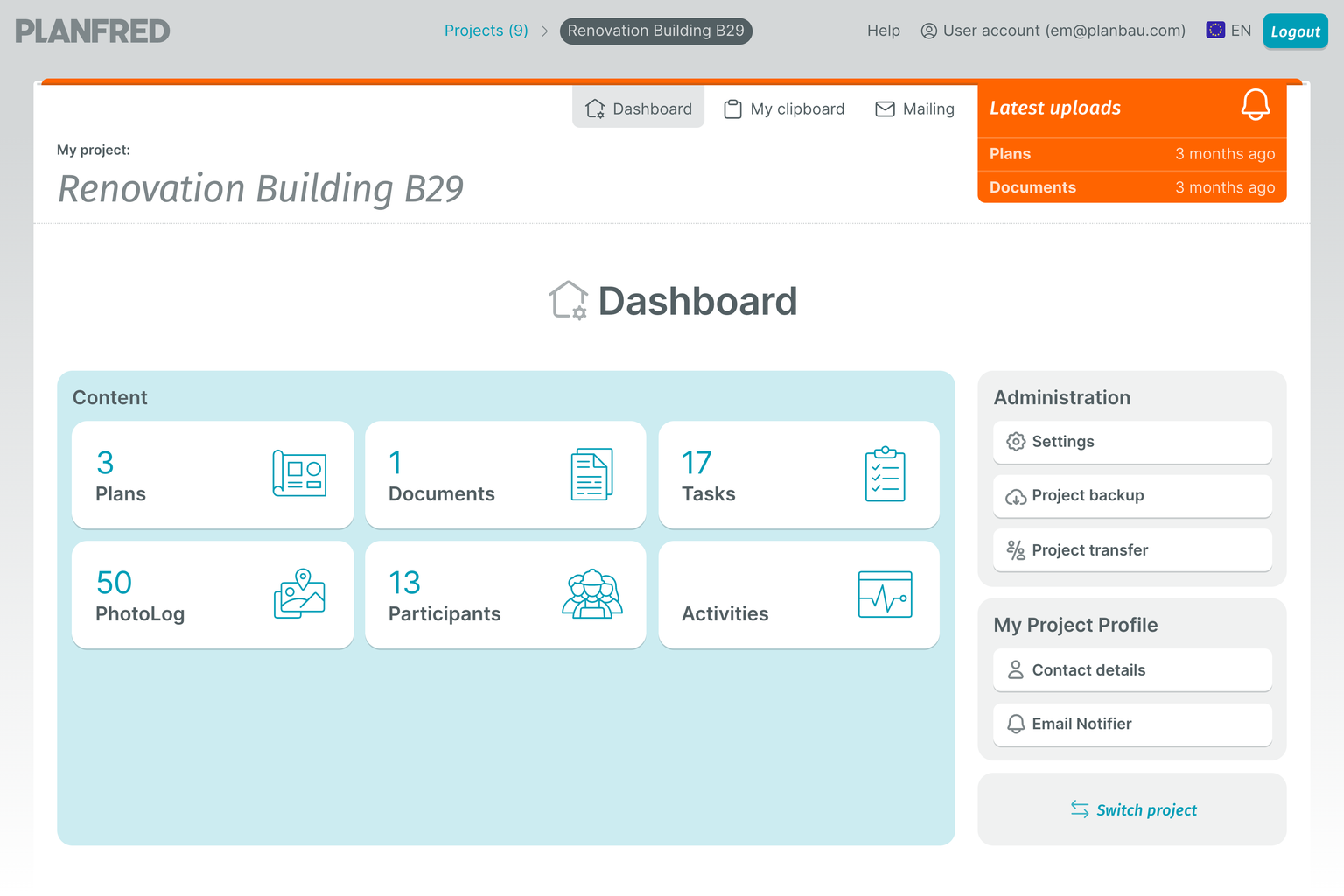 PLANFRED Screenshot – Dashboard