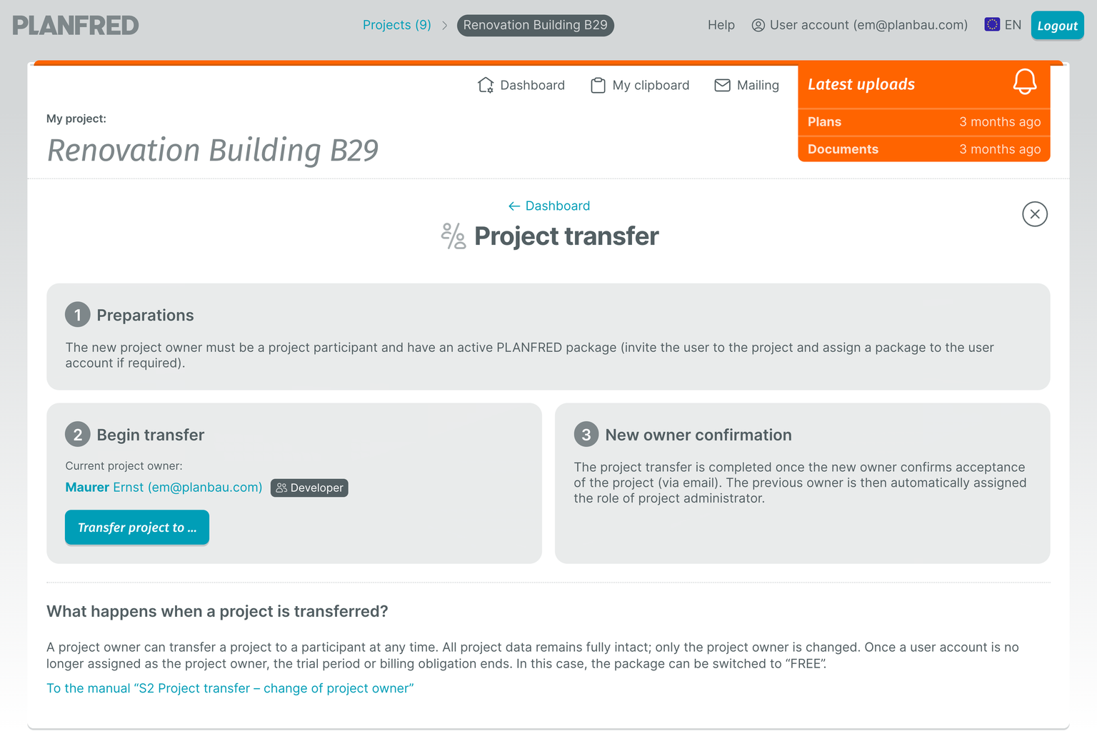PLANFRED Screenshot – Project transfer