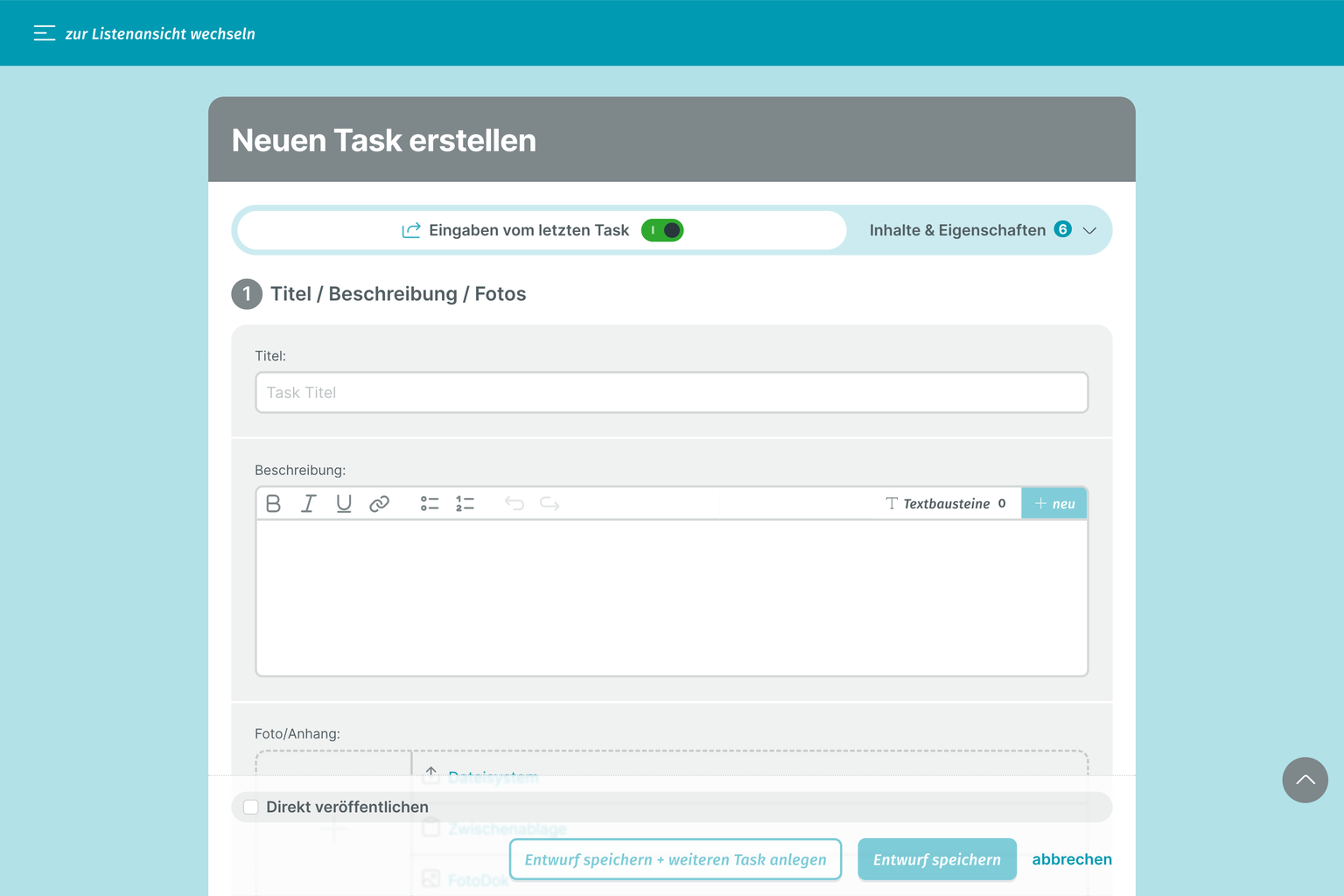 PLANFRED Screenshot – Neuen Task erstellen