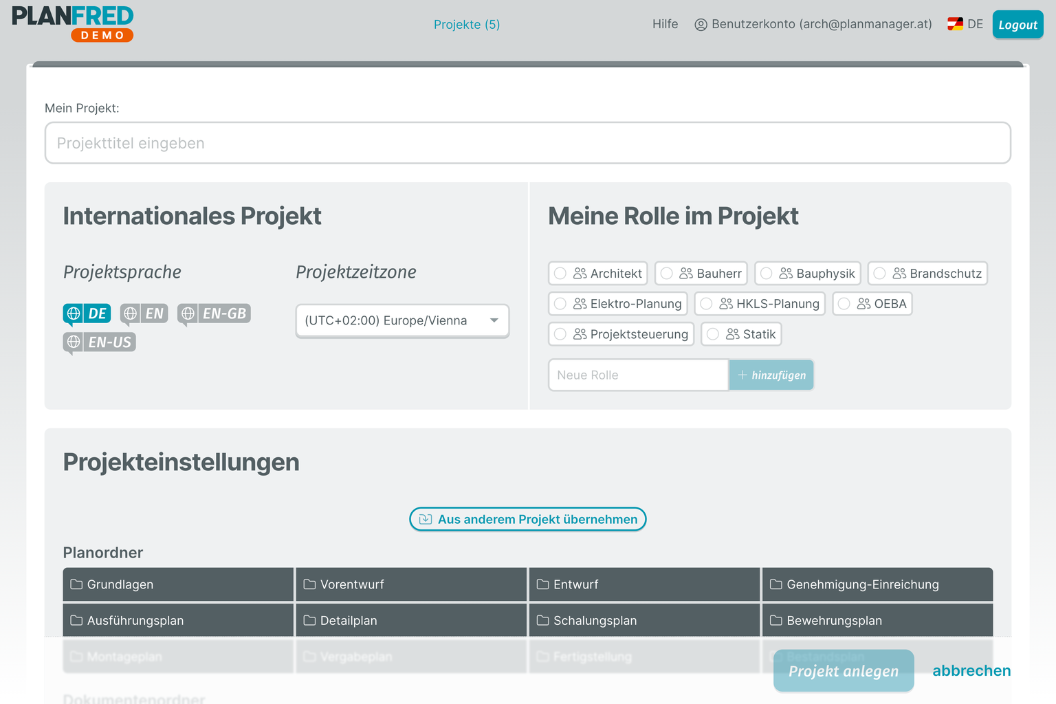 PLANFRED-Screenshot – Projekteinstellungen übernehmen