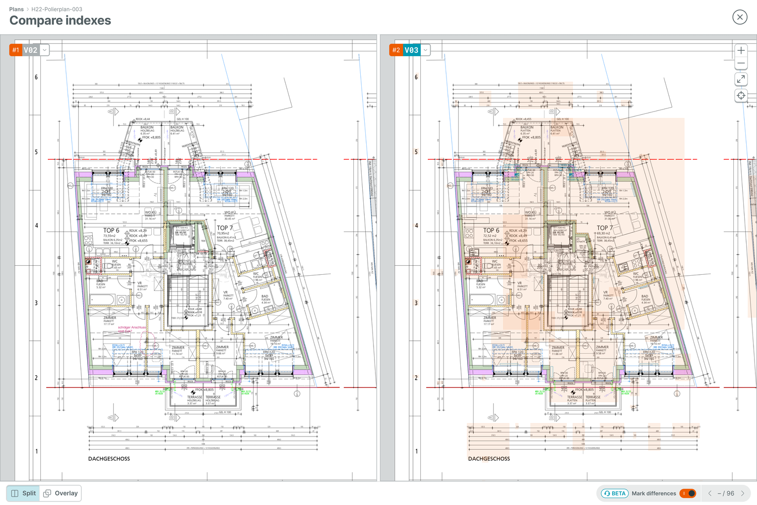 PLANFRED screenshot – Compare indexes (split view with difference markers)