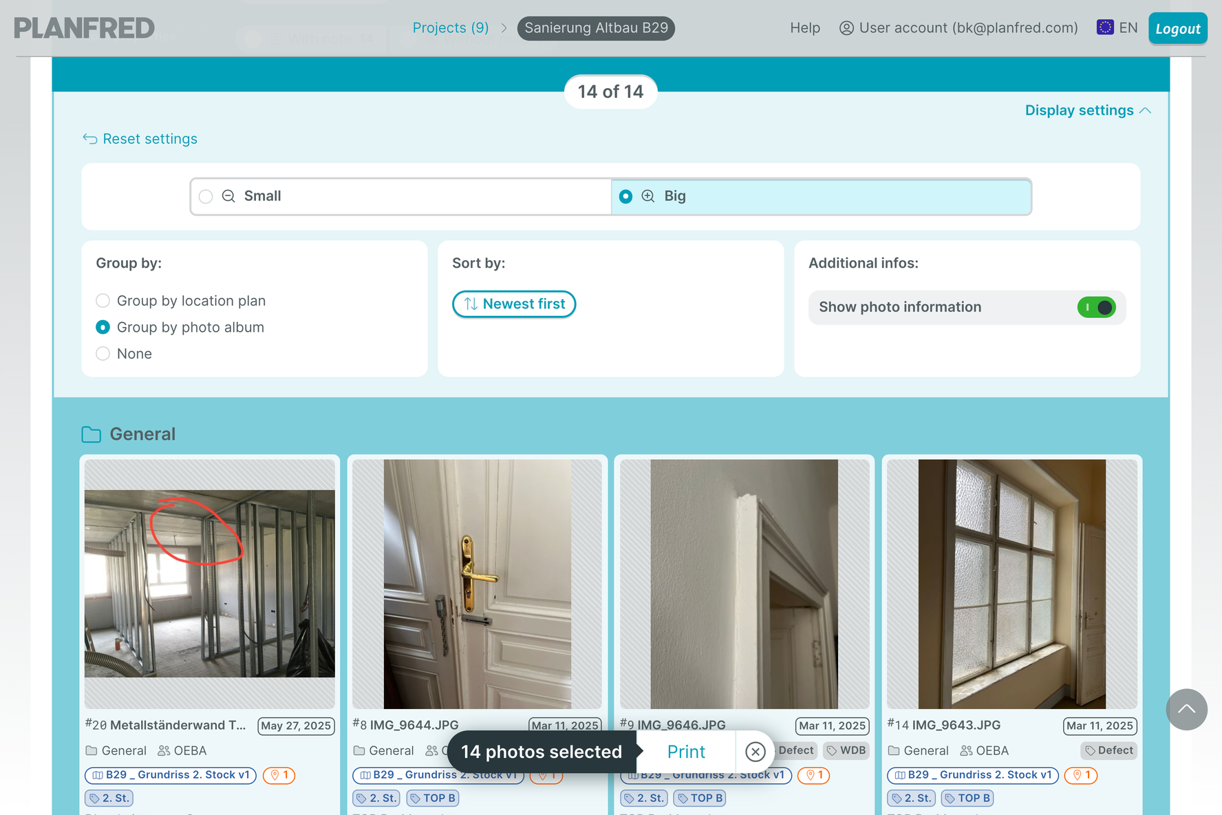 PLANFRED screenshot – PhotoLog: Display settings and Print