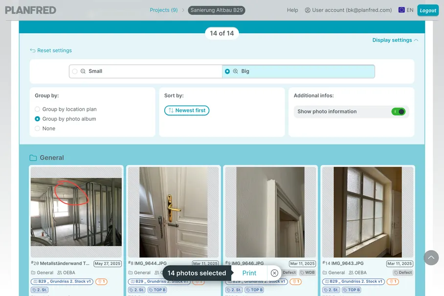 PLANFRED screenshot – PhotoLog: Display settings and Print