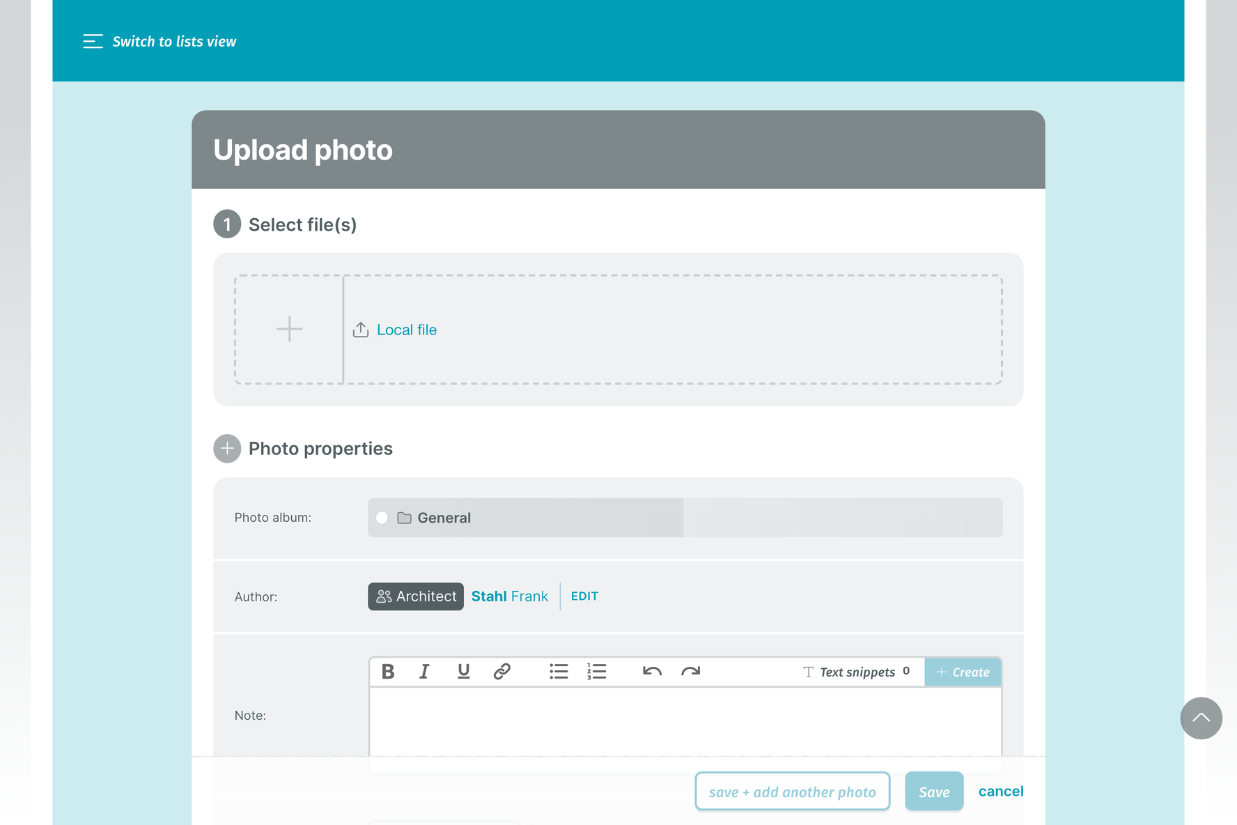 PLANFRED screenshot – Upload new photo in PhotoLog