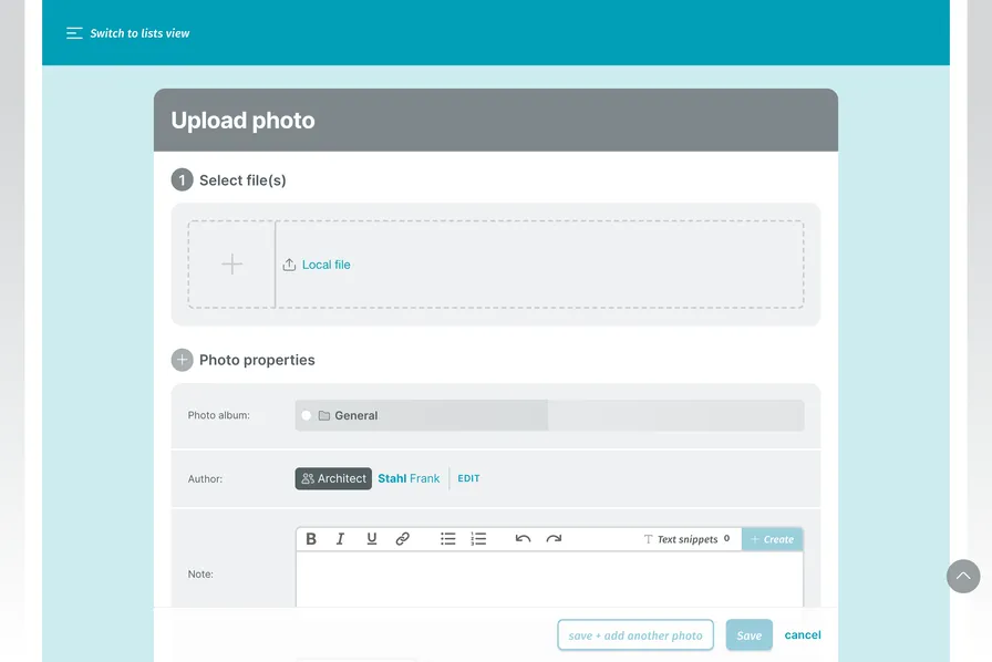 PLANFRED screenshot – Upload new photo in PhotoLog