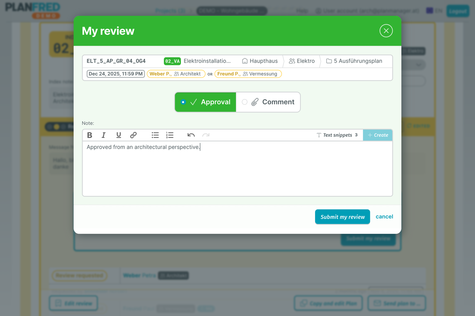 PLANFRED Screenshot – Review necessary