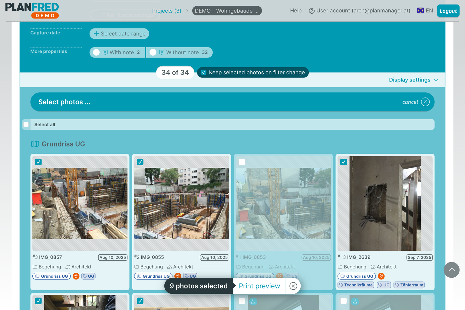 PLANFRED screenshot – Select photos (PhotoLog) to print